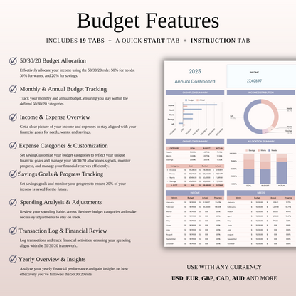 Annual 50/30/20 Budget Spreadsheet Template for Excel & Google Sheets Keyzai