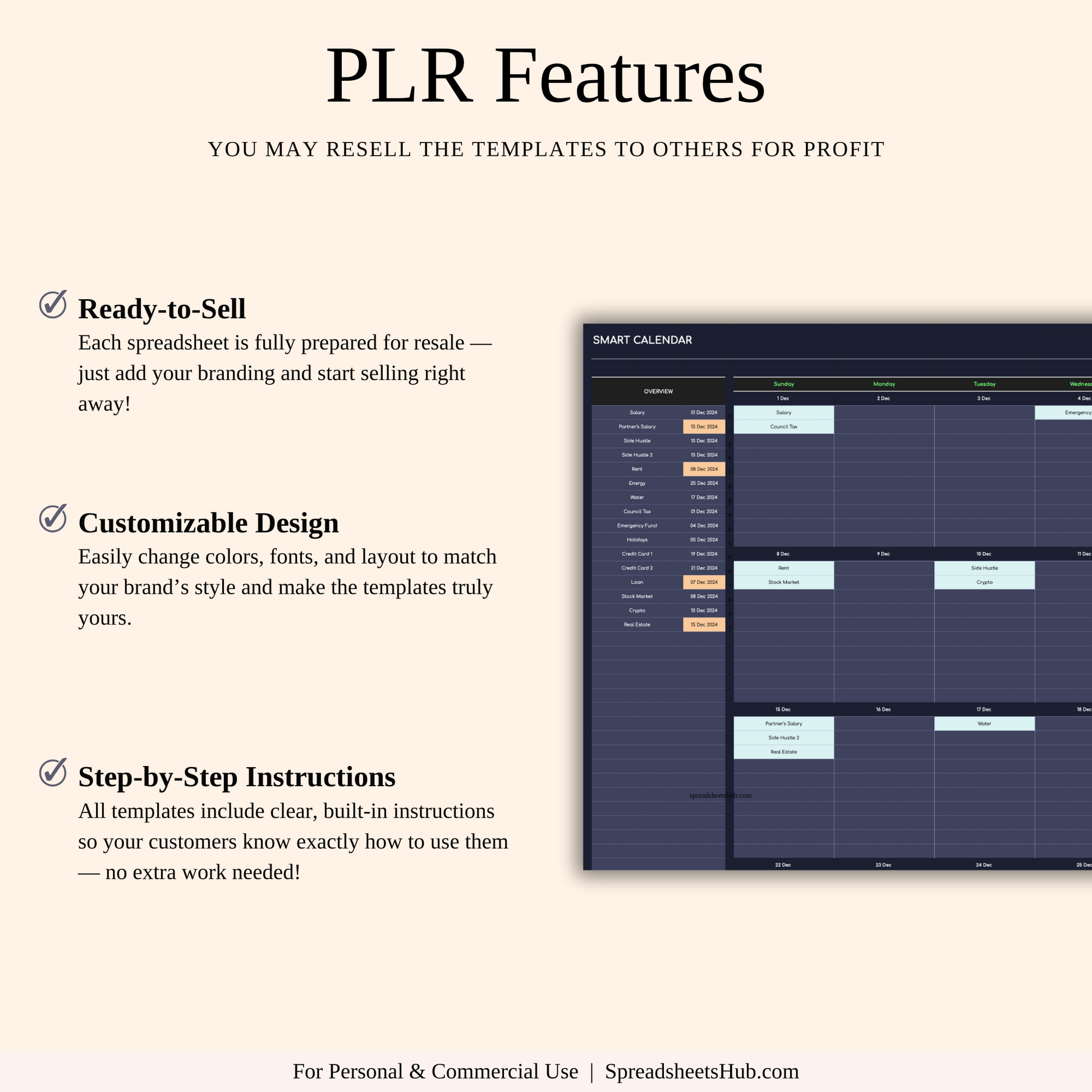PLR - Bill Payment Calendar Template (Dark Theme) Keyzai
