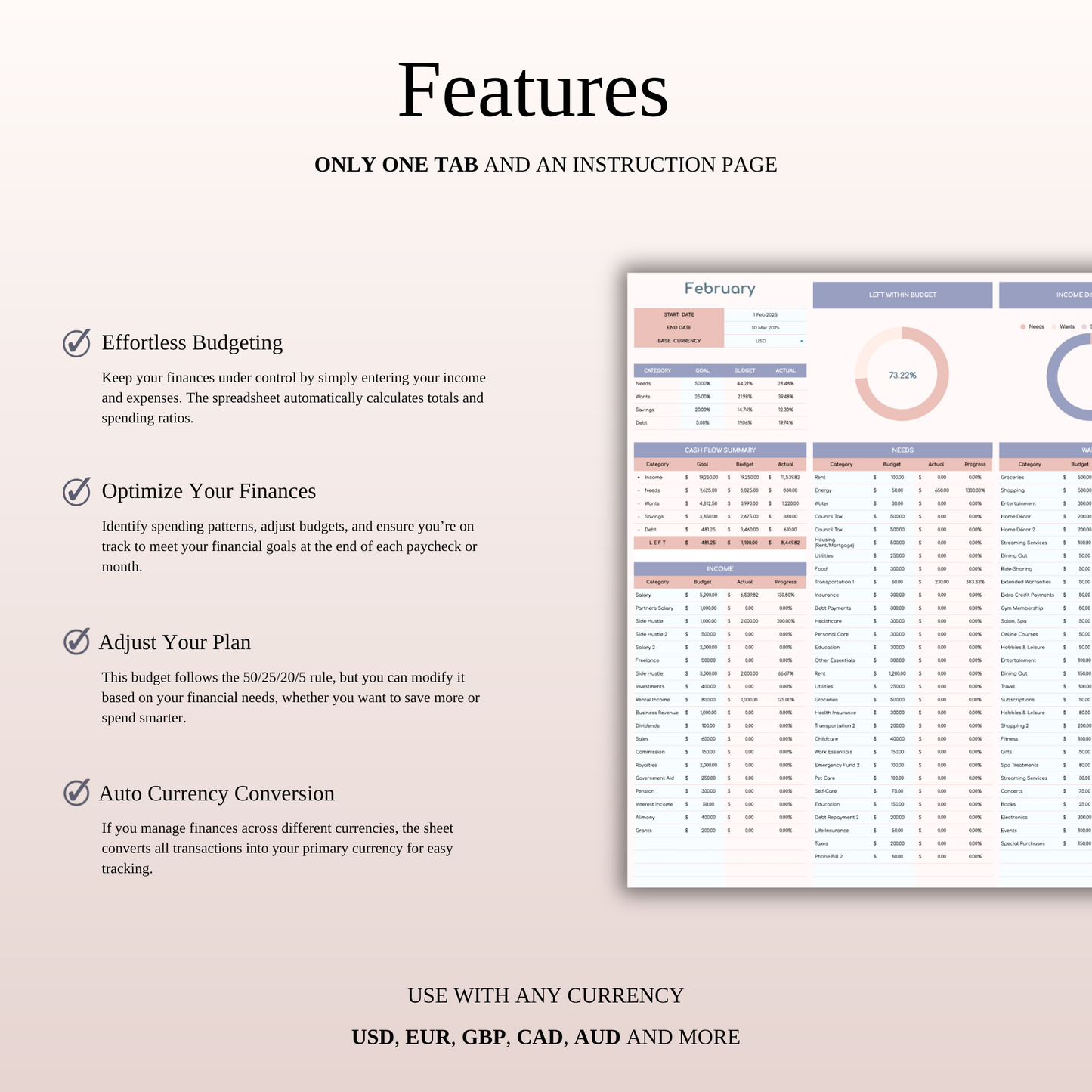 50/25/20/5 Budget Spreadsheet Template | Excel & Google Sheets Keyzai