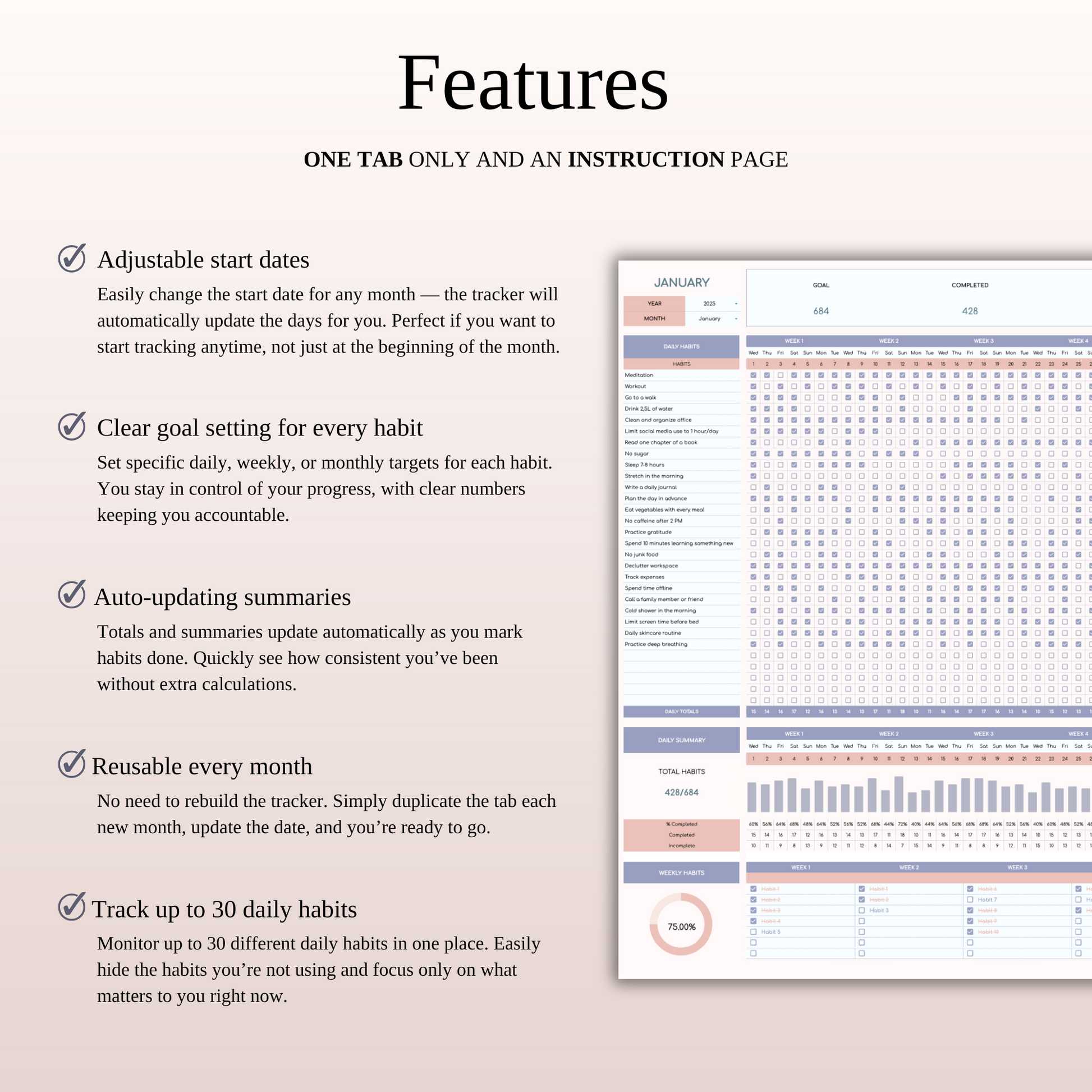 Habit Tracker Spreadsheet for Google Sheets & Excel Keyzai