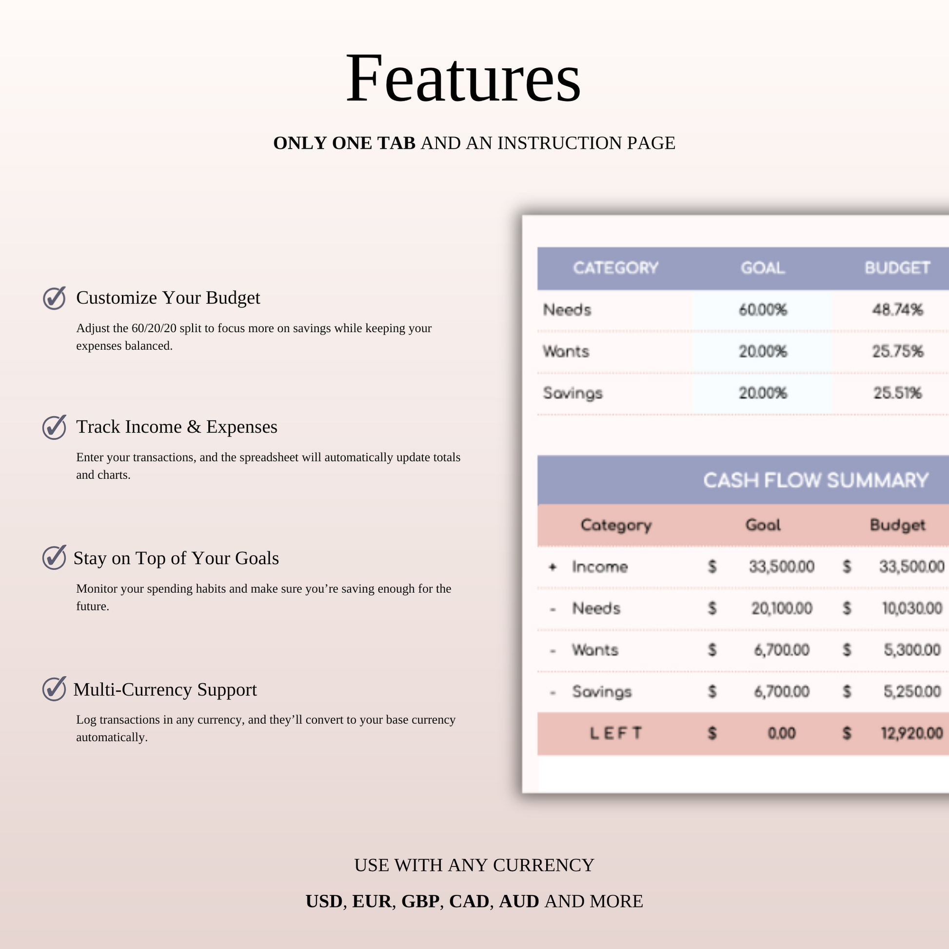 60/20/20 Budget Spreadsheet Template | Excel & Google Sheets Keyzai