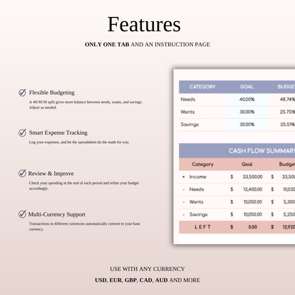 40/30/30 Budget Spreadsheet Template | Excel & Google Sheets Keyzai