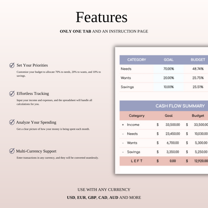 70/20/10 Budget Spreadsheet Template | Excel & Google Sheets Keyzai