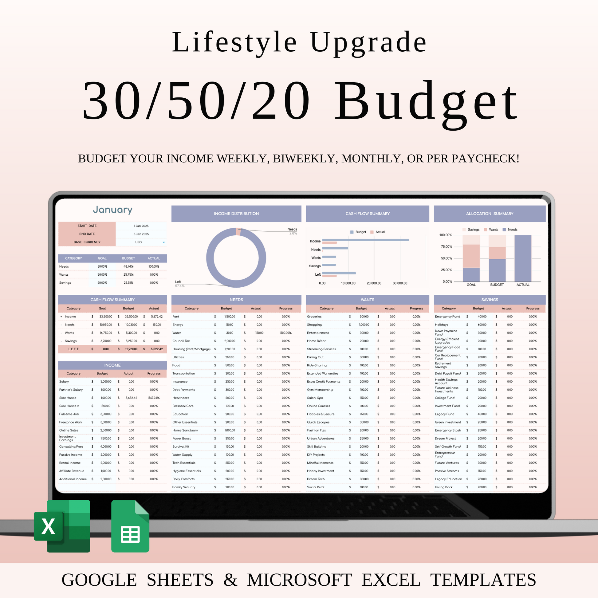 30/50/20 Budget Spreadsheet Template | Excel & Google Sheets Keyzai