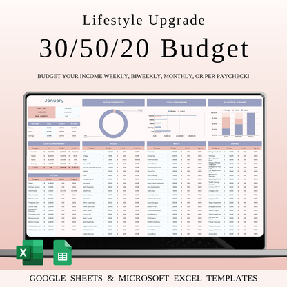 30/50/20 Budget Spreadsheet Template | Excel & Google Sheets Keyzai