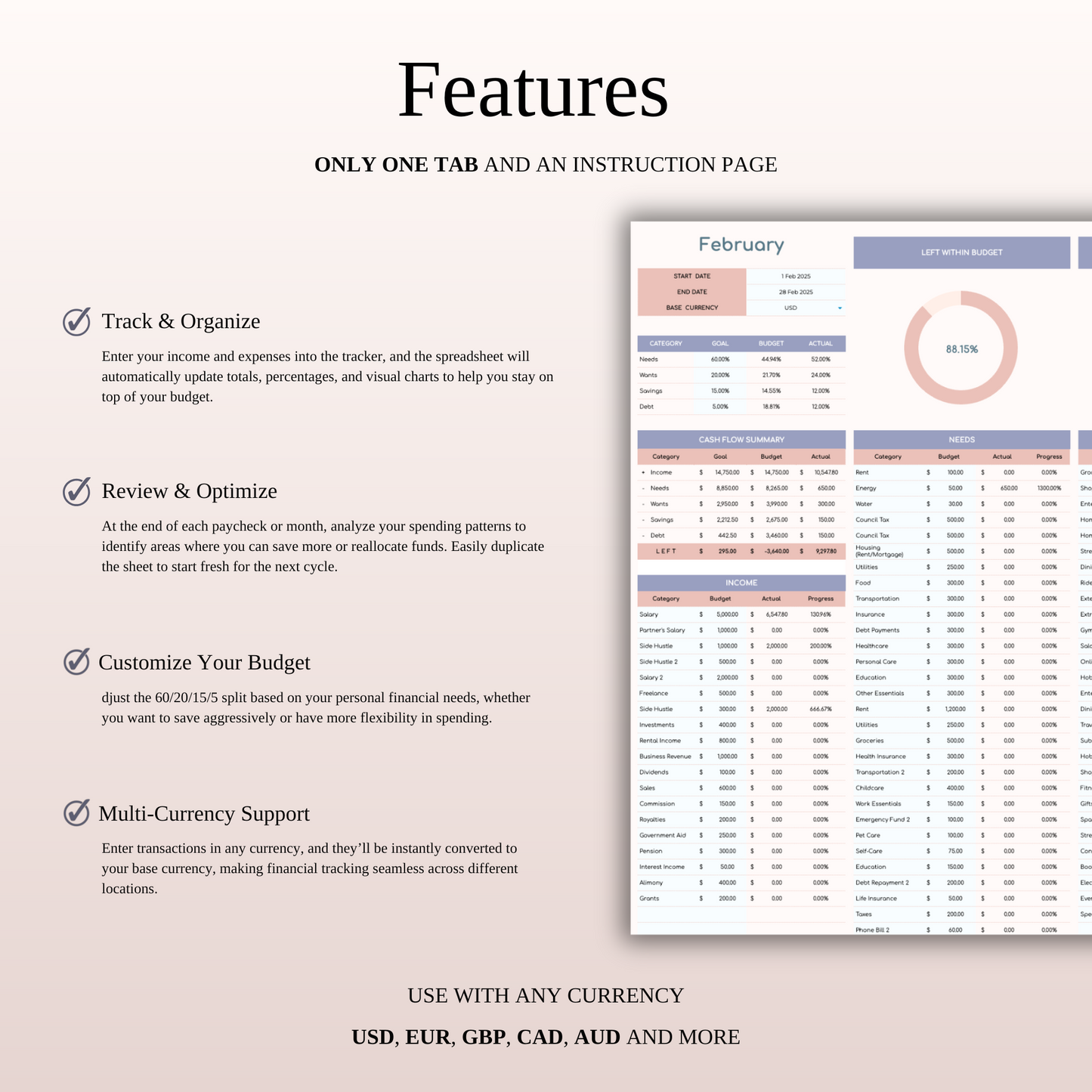 60/20/15/5 Budget Spreadsheet Template | Excel & Google Sheets Keyzai