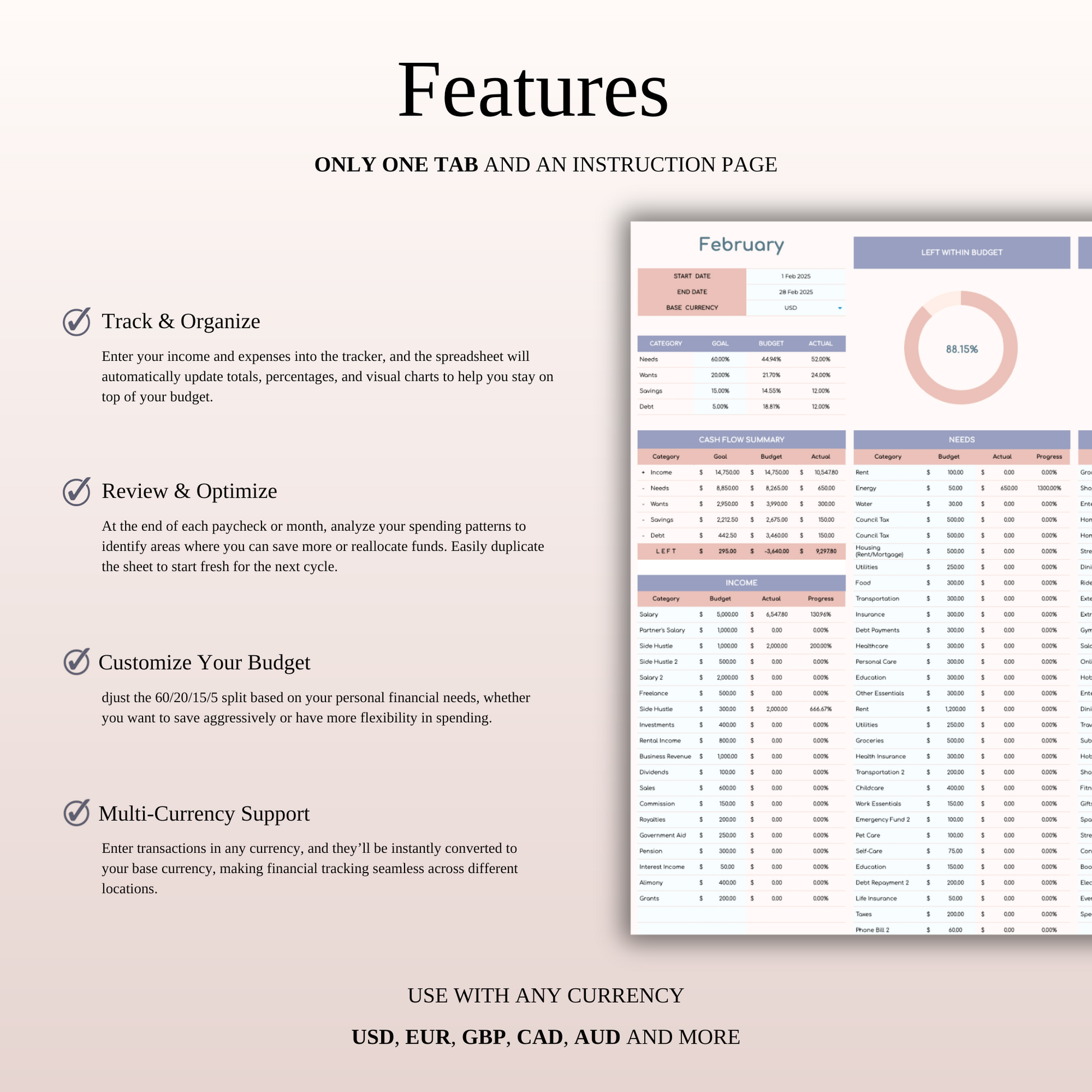 60/20/15/5 Budget Spreadsheet Template | Excel & Google Sheets Keyzai