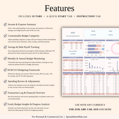 PLR - Annual 50/30/15/5 Budget Spreadsheet Template Keyzai