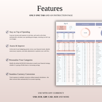 40/30/20/10 Budget Spreadsheet Template | Excel & Google Sheets Keyzai