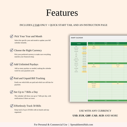 PLR - Monthly Bill Calendar Spreadsheet Template (Green Theme) Keyzai