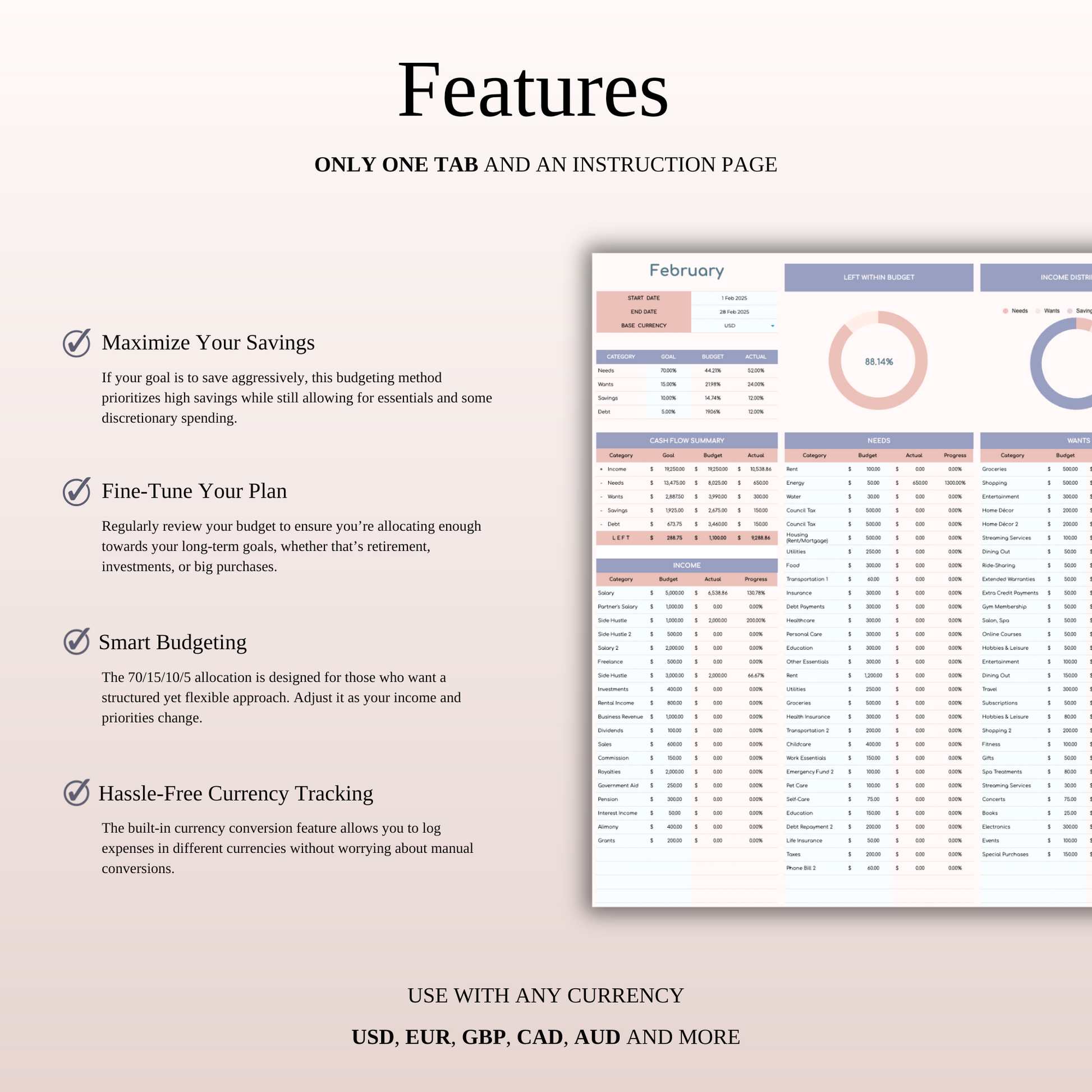 70/15/10/5 Budget Spreadsheet Template | Excel & Google Sheets Keyzai