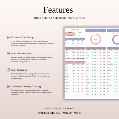 70/15/10/5 Budget Spreadsheet Template | Excel & Google Sheets Keyzai