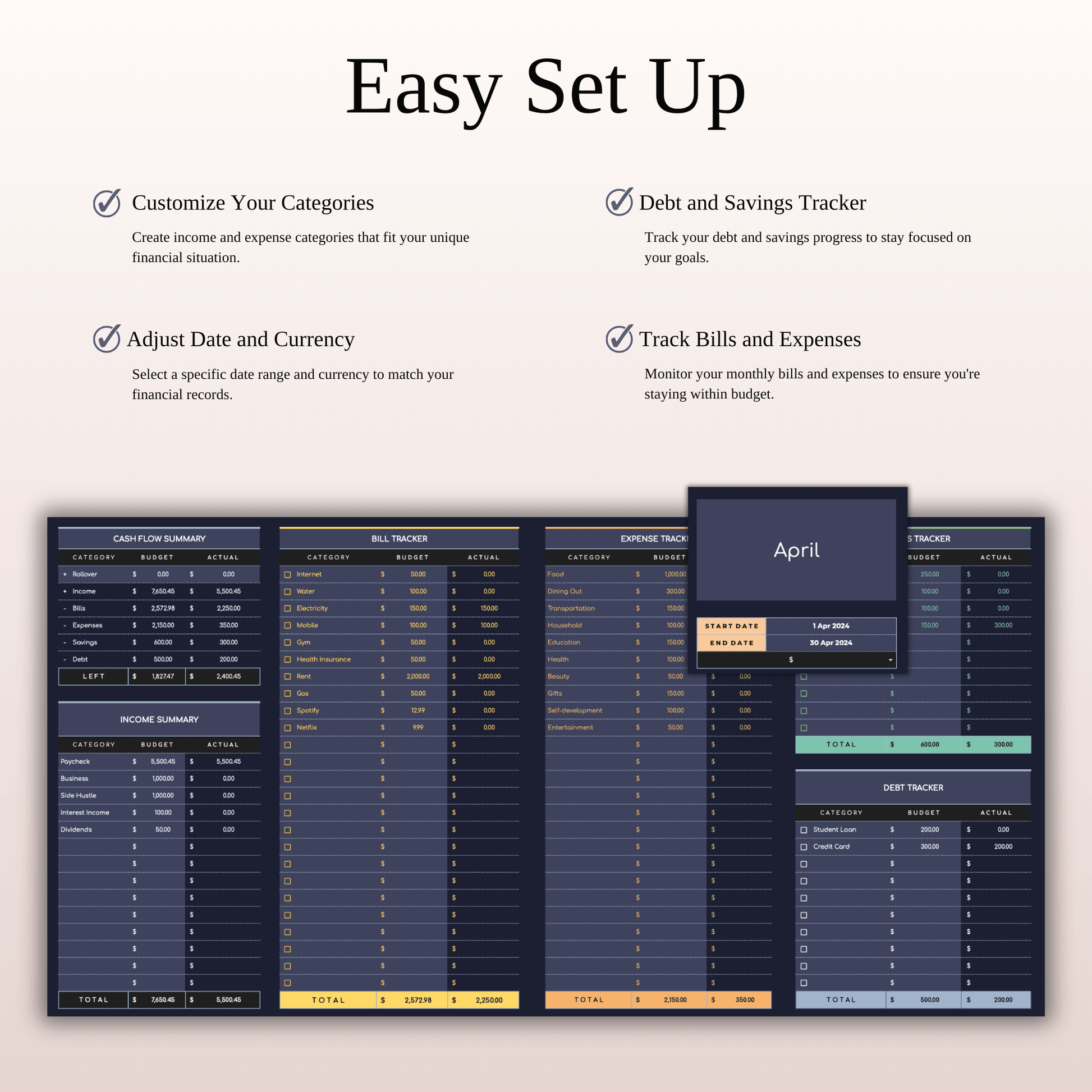 Budget Planner | Monthly Finance Tracker, Excel & Google Sheets (Dark Theme) Keyzai