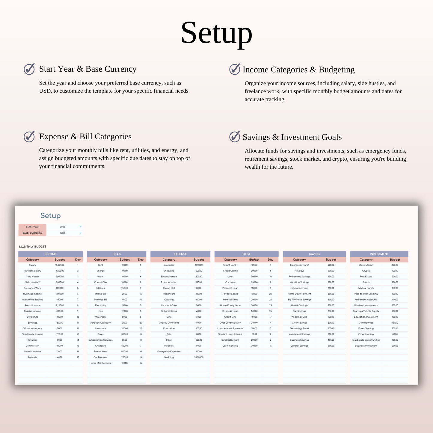 Annual Paycheck Budget Spreadsheet Template in Excel and Google Sheets Keyzai