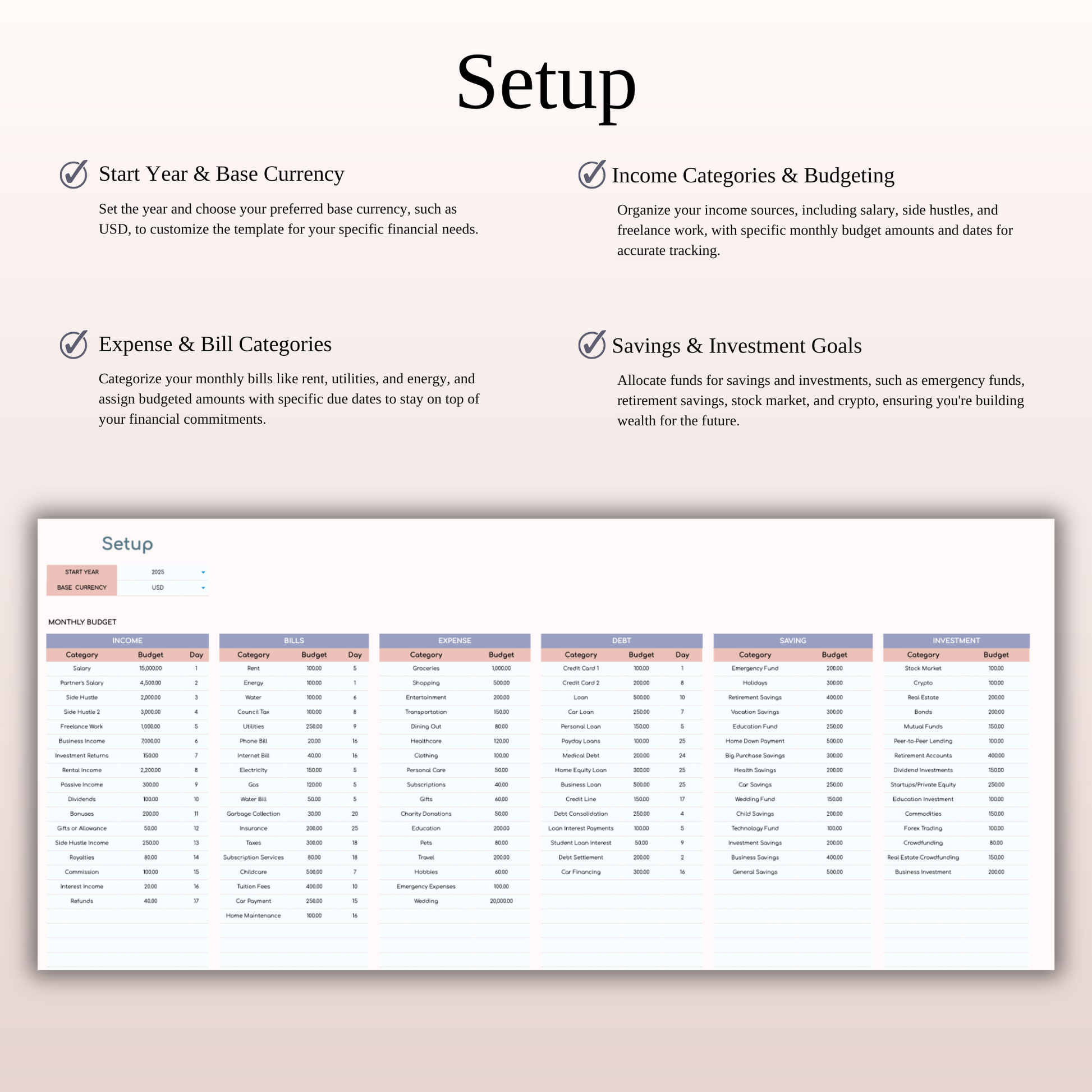 Annual Paycheck Budget Spreadsheet Template in Excel and Google Sheets Keyzai