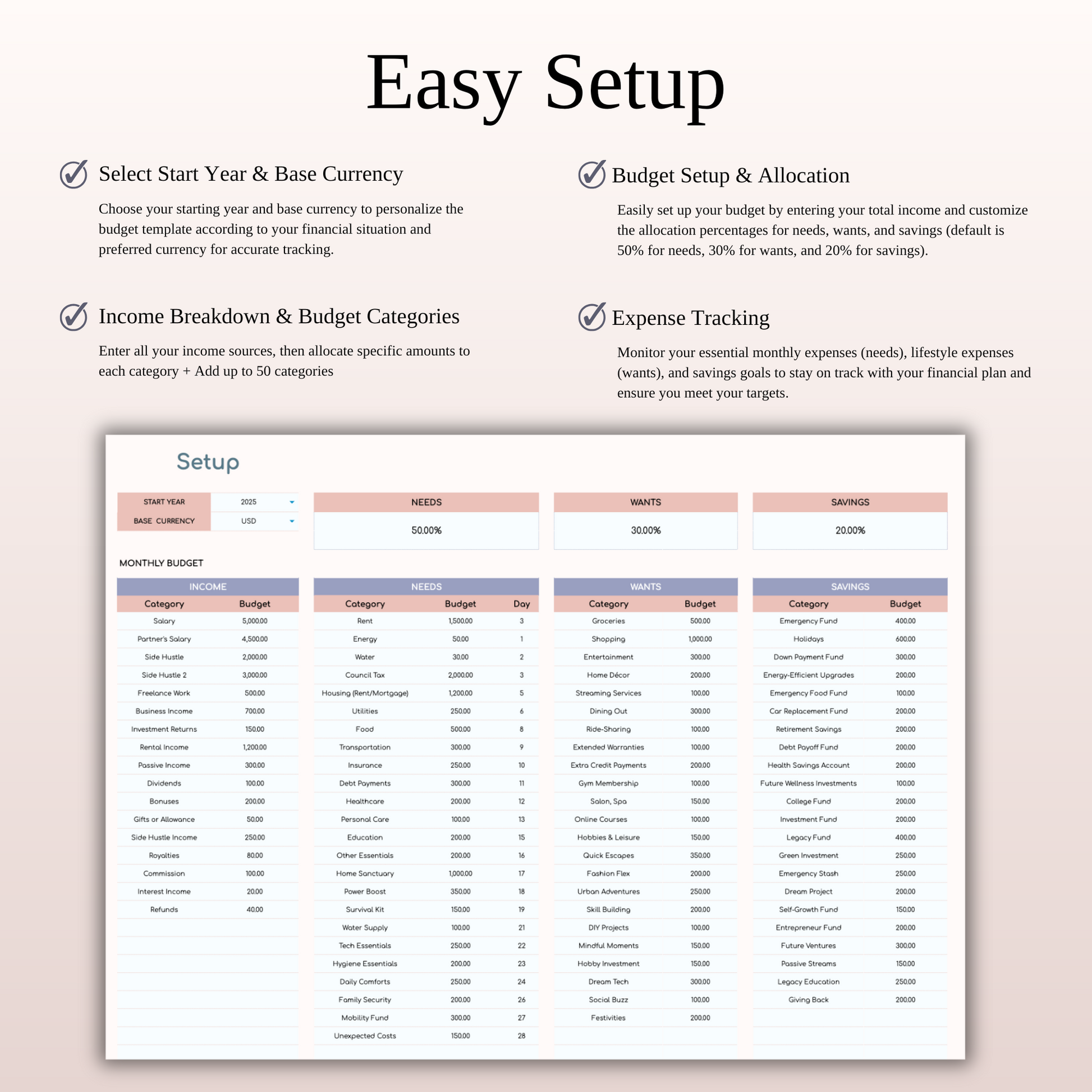 Annual 50/30/20 Budget Spreadsheet Template for Excel & Google Sheets Keyzai