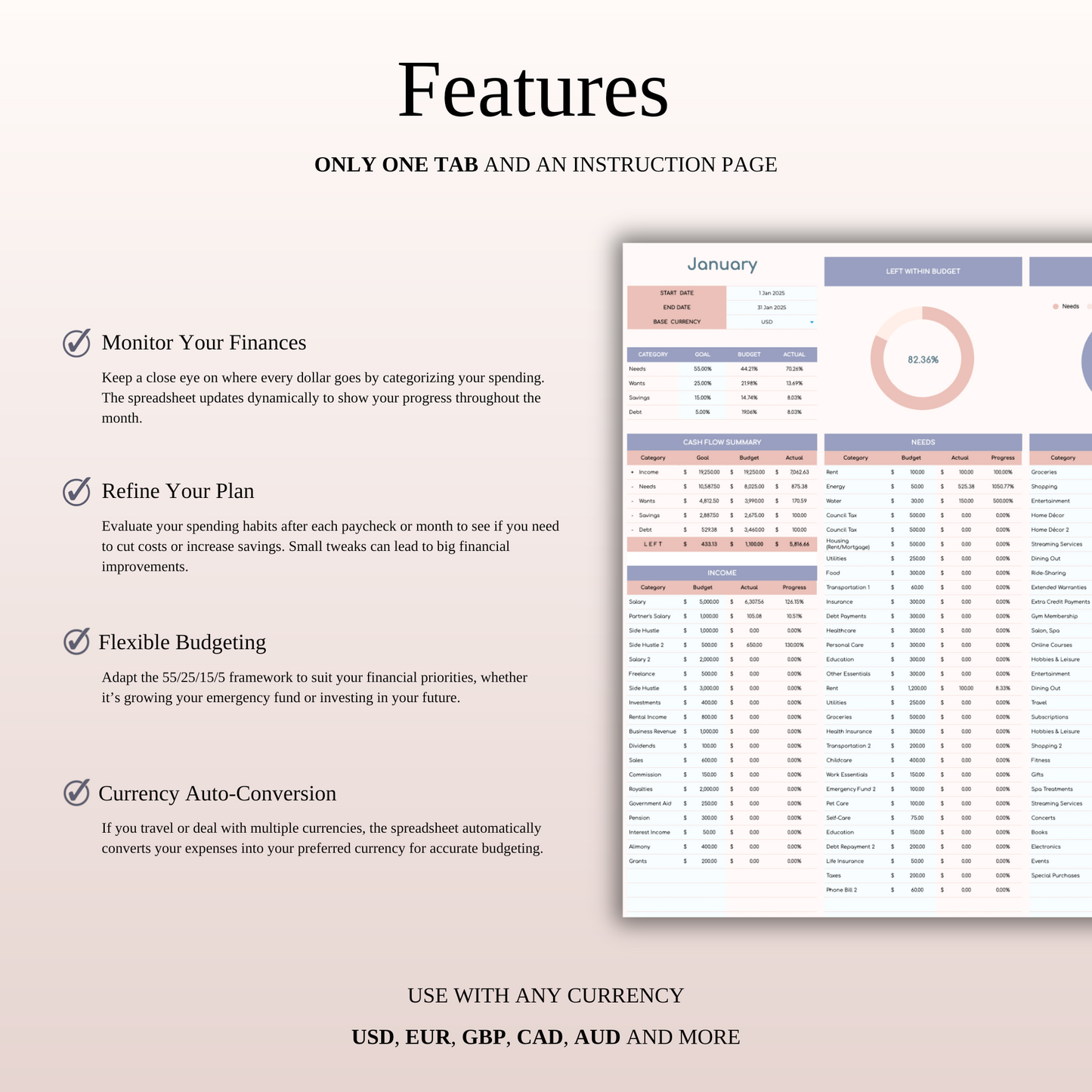 55/25/15/5 Budget Spreadsheet Template | Excel & Google Sheets Keyzai
