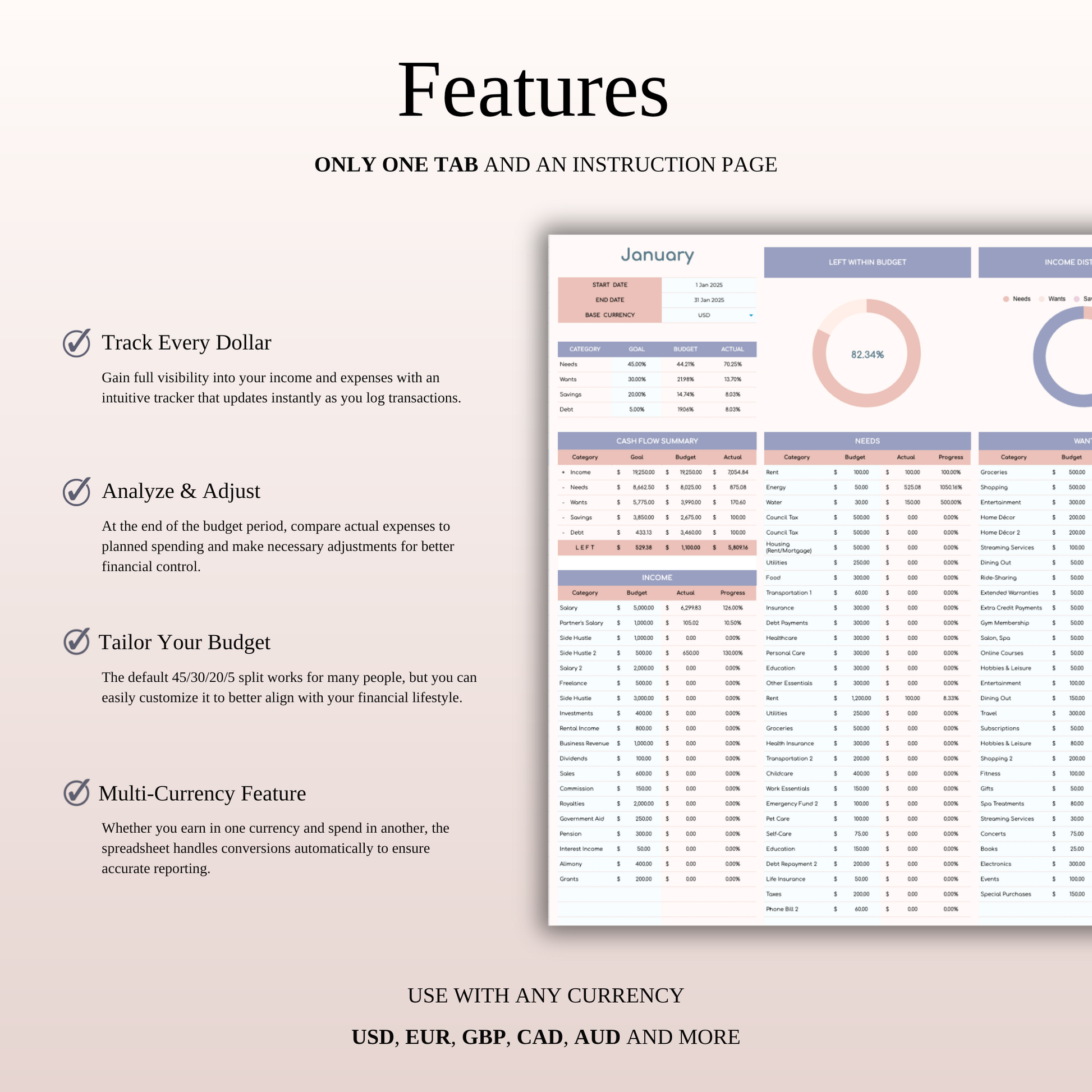45/30/20/5 Budget Spreadsheet Template | Excel & Google Sheets Keyzai