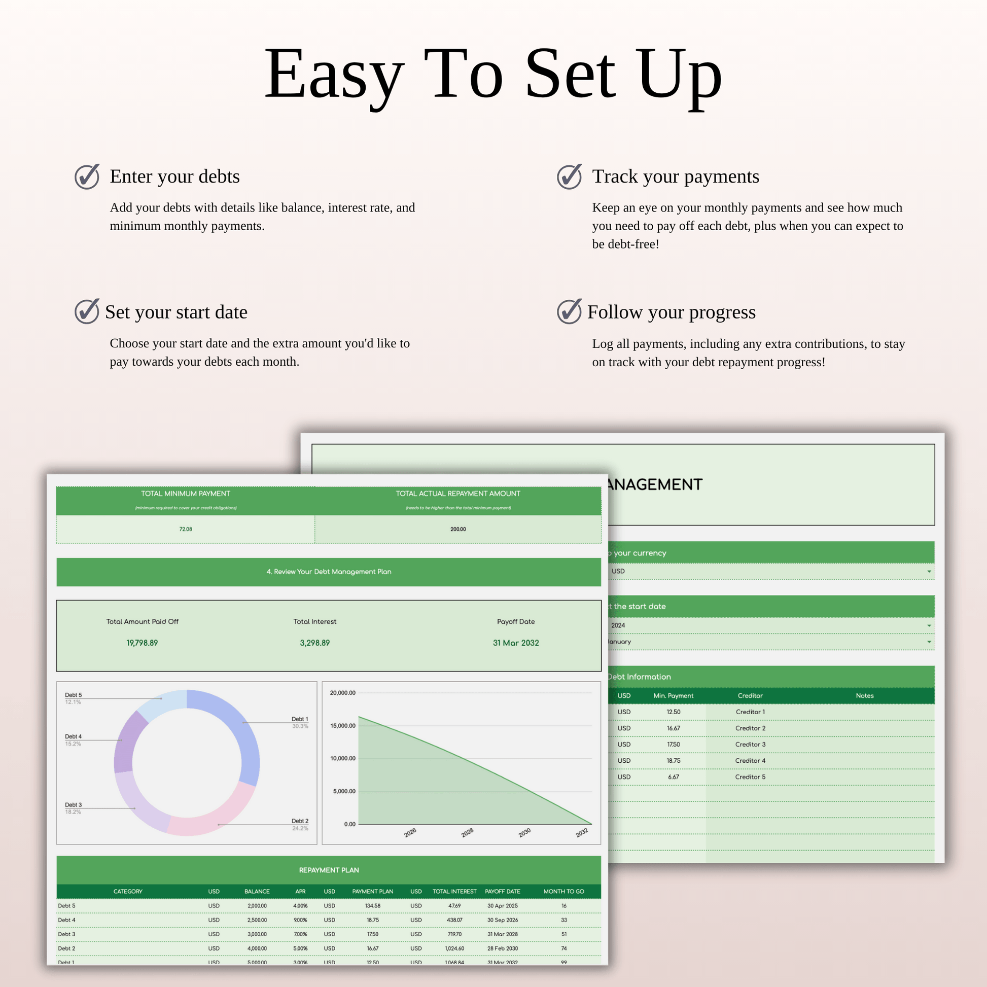 Debt Snowball Calculator Template for Excel & Google Sheets (Green Theme) Keyzai