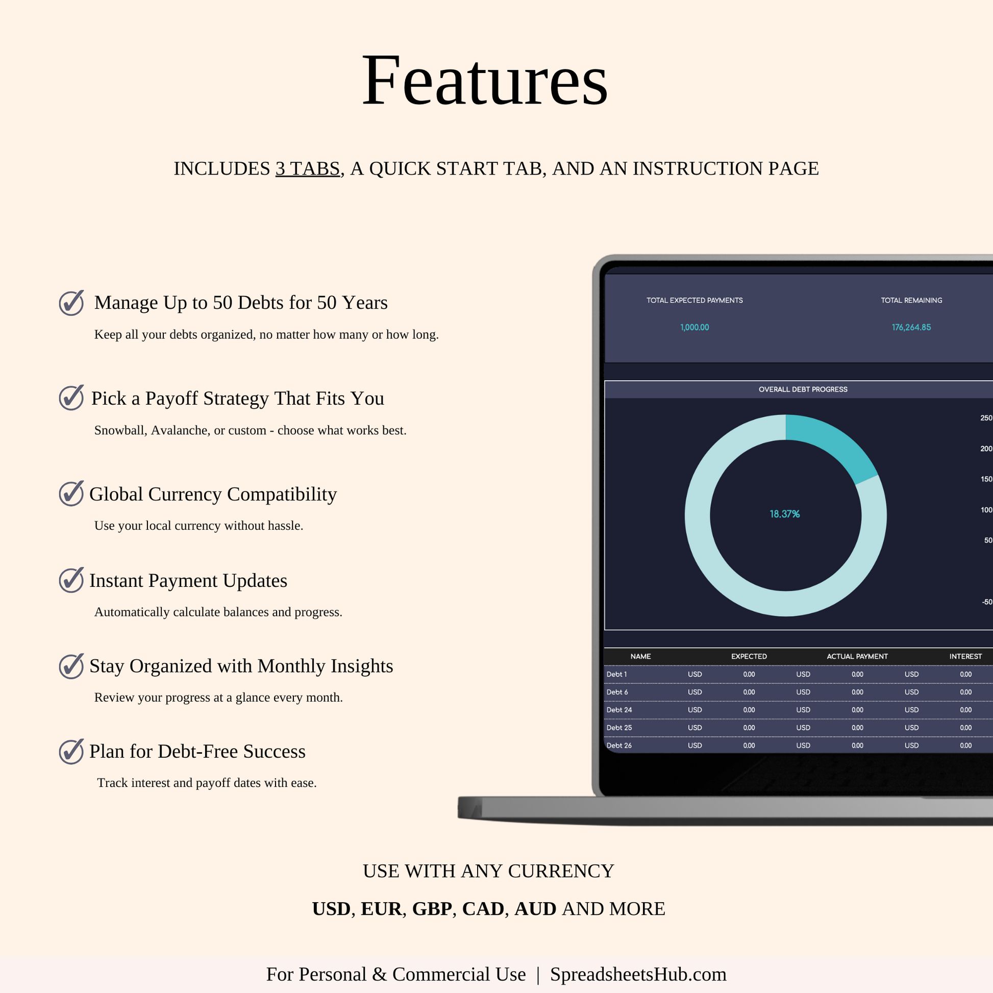 PLR - Debt Payoff Tracker | Excel & Google Sheets (Dark Theme) Keyzai