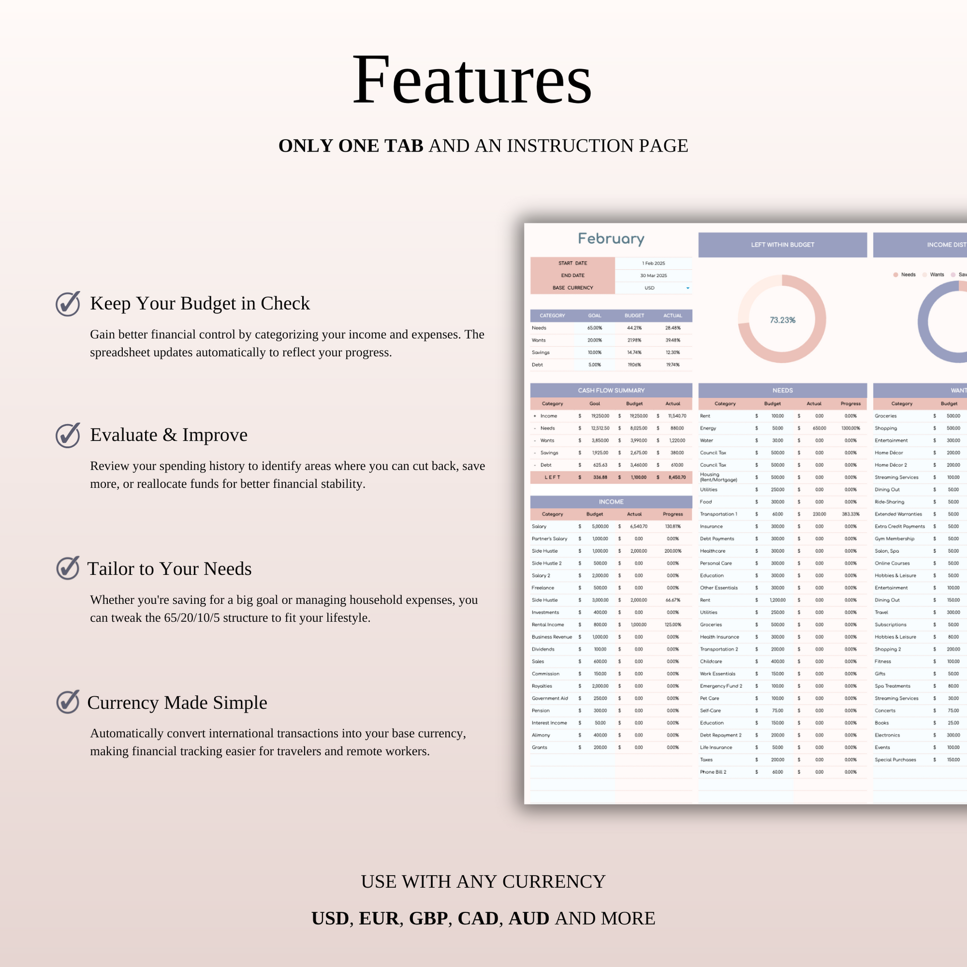 65/20/10/5 Budget Spreadsheet Template | Excel & Google Sheets Keyzai