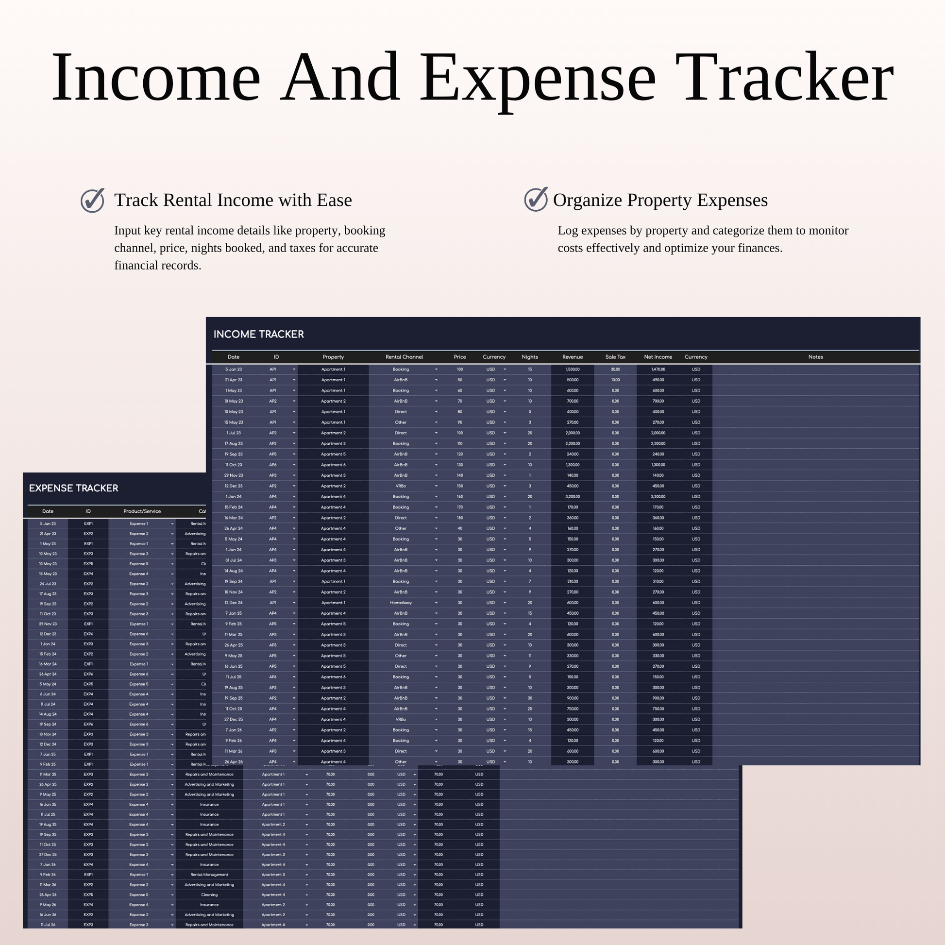 Rental Property Accounting & Bookkeeping Spreadsheet (Dark Theme) Keyzai
