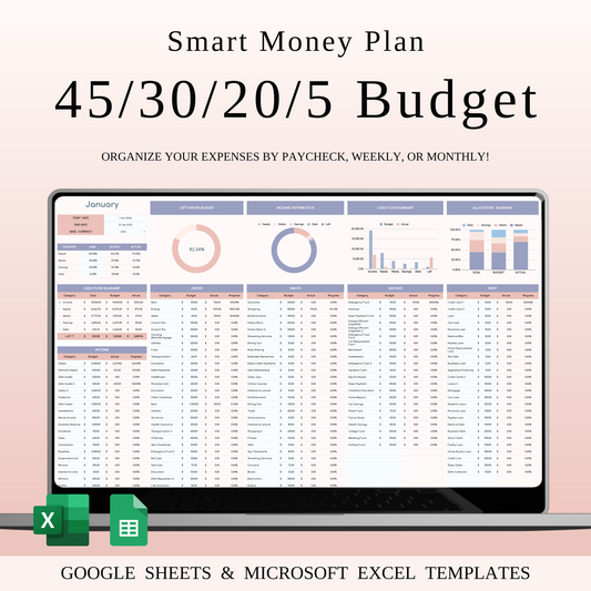 45/30/20/5 Budget Spreadsheet Template | Excel & Google Sheets Keyzai
