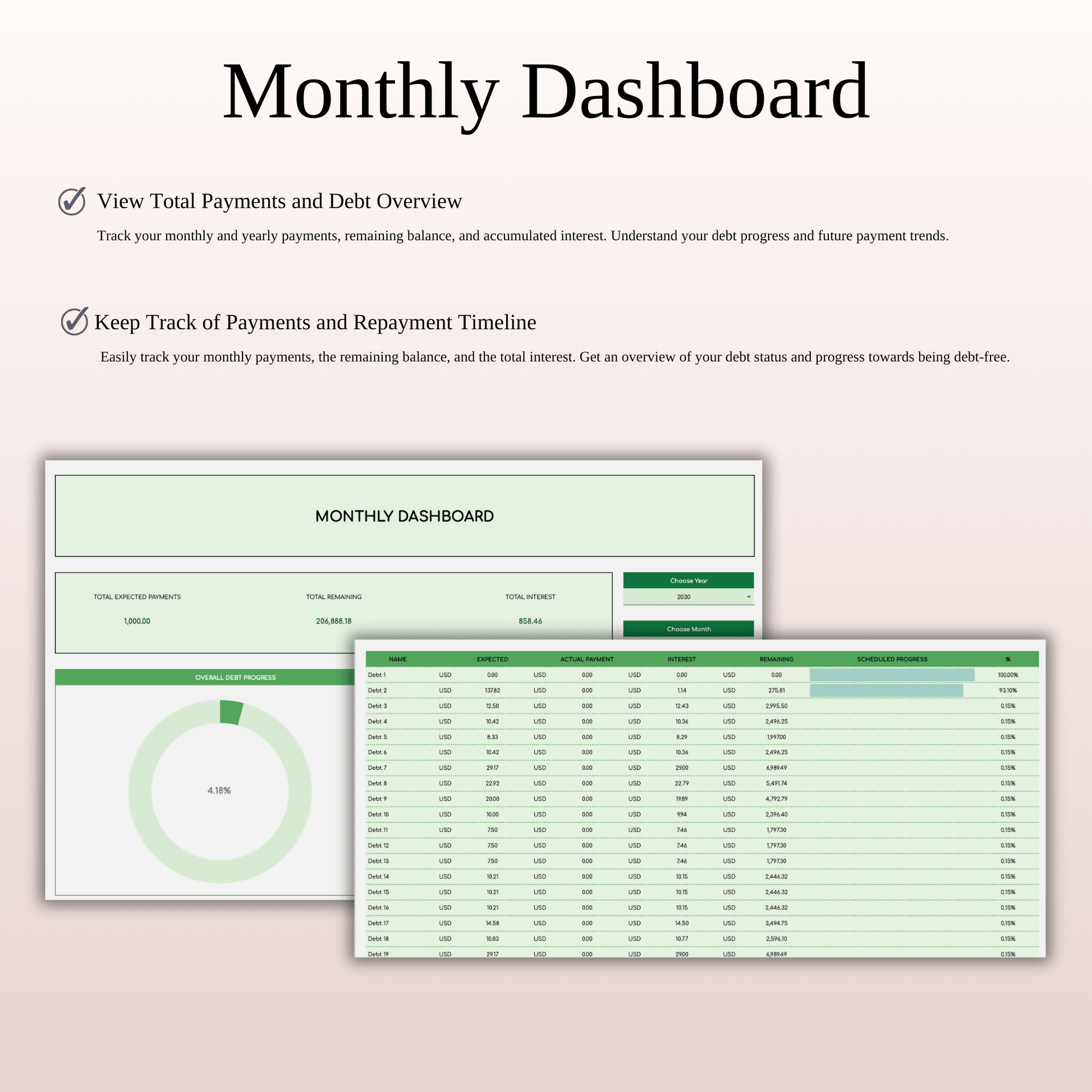Debt Repayment Tracker | Snowball, Avalanche, Custom Order (Green Theme) Keyzai