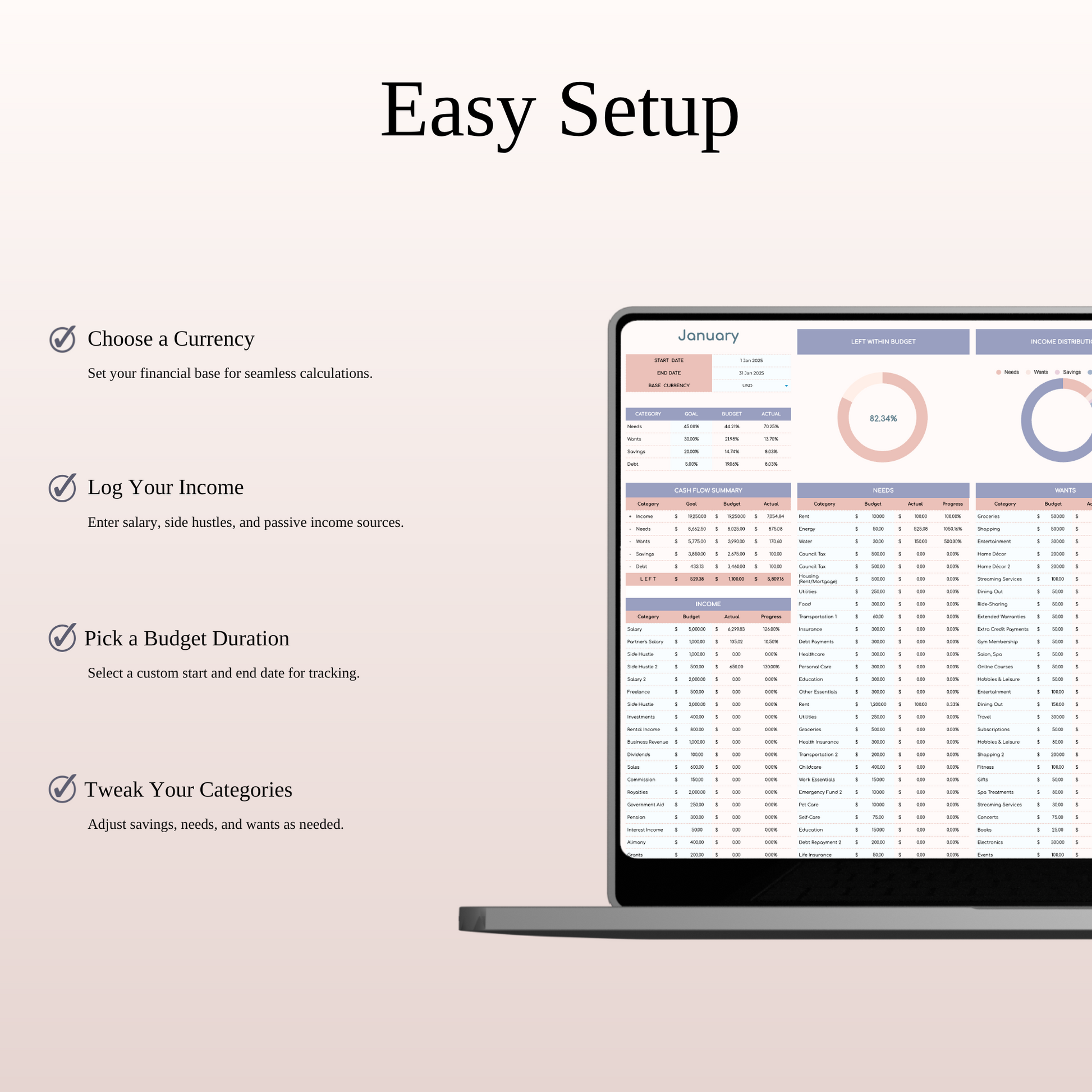45/30/20/5 Budget Spreadsheet Template | Excel & Google Sheets Keyzai