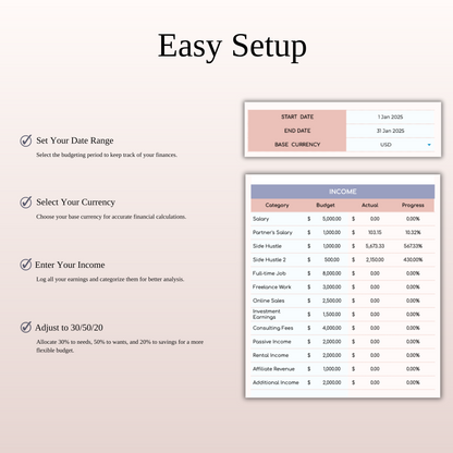 30/50/20 Budget Spreadsheet Template | Excel & Google Sheets Keyzai