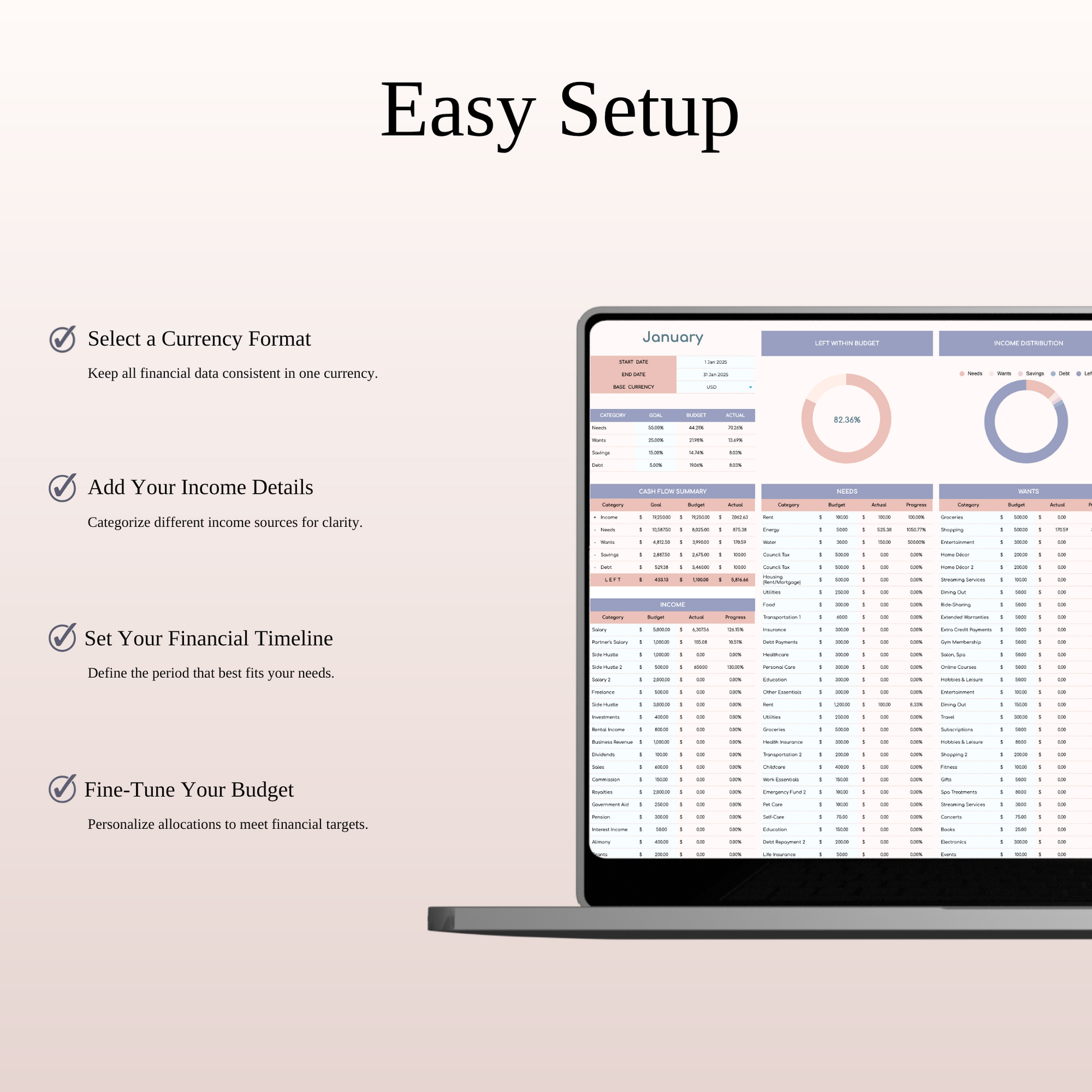 55/25/15/5 Budget Spreadsheet Template | Excel & Google Sheets Keyzai