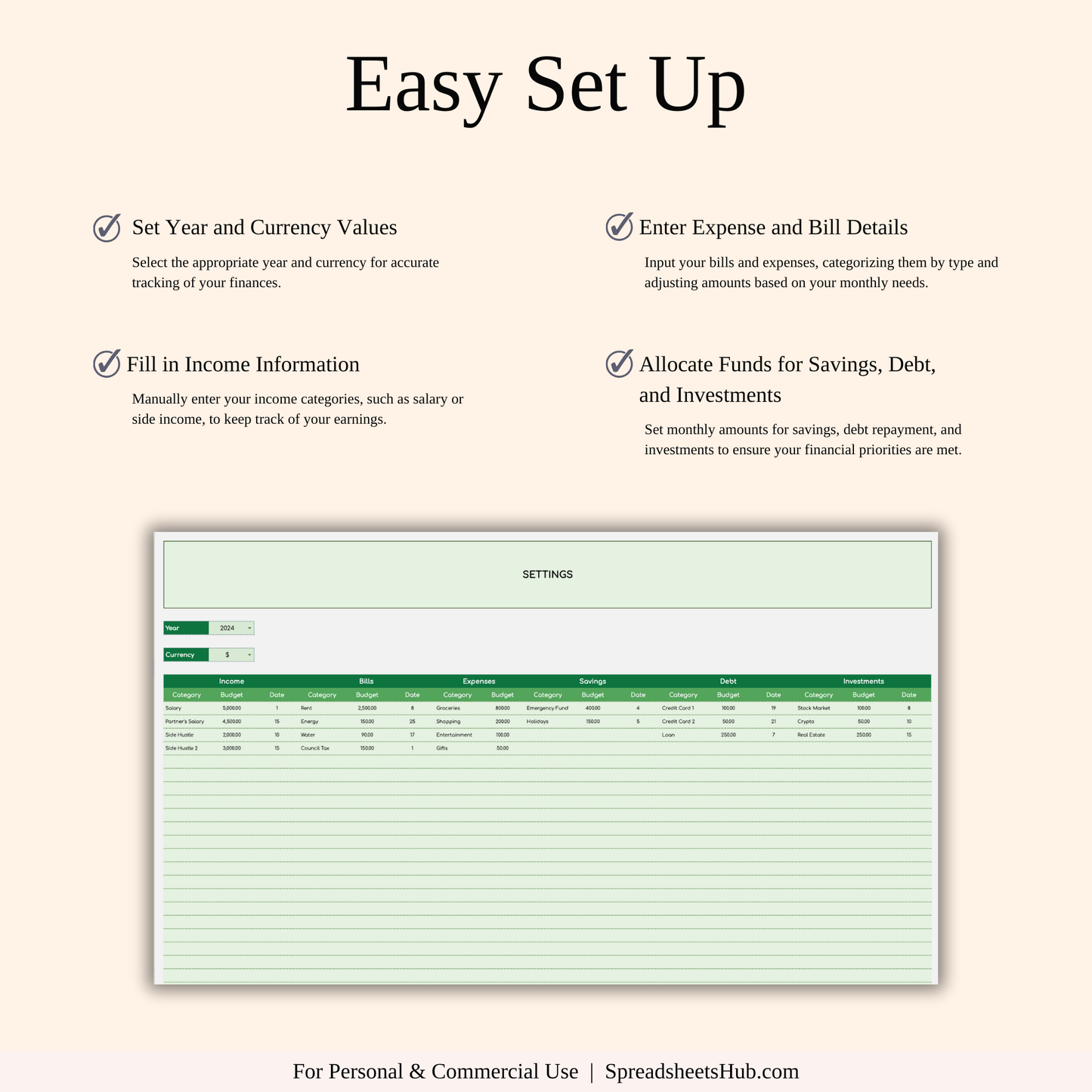PLR - Monthly Bill Calendar Spreadsheet Template (Green Theme) Keyzai