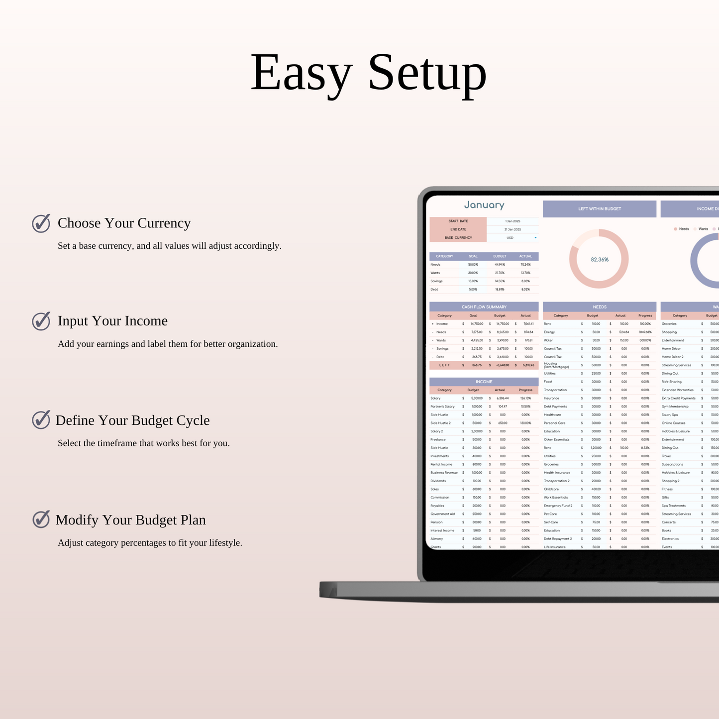 50/30/15/5 Budget Spreadsheet Template | Excel & Google Sheets Keyzai