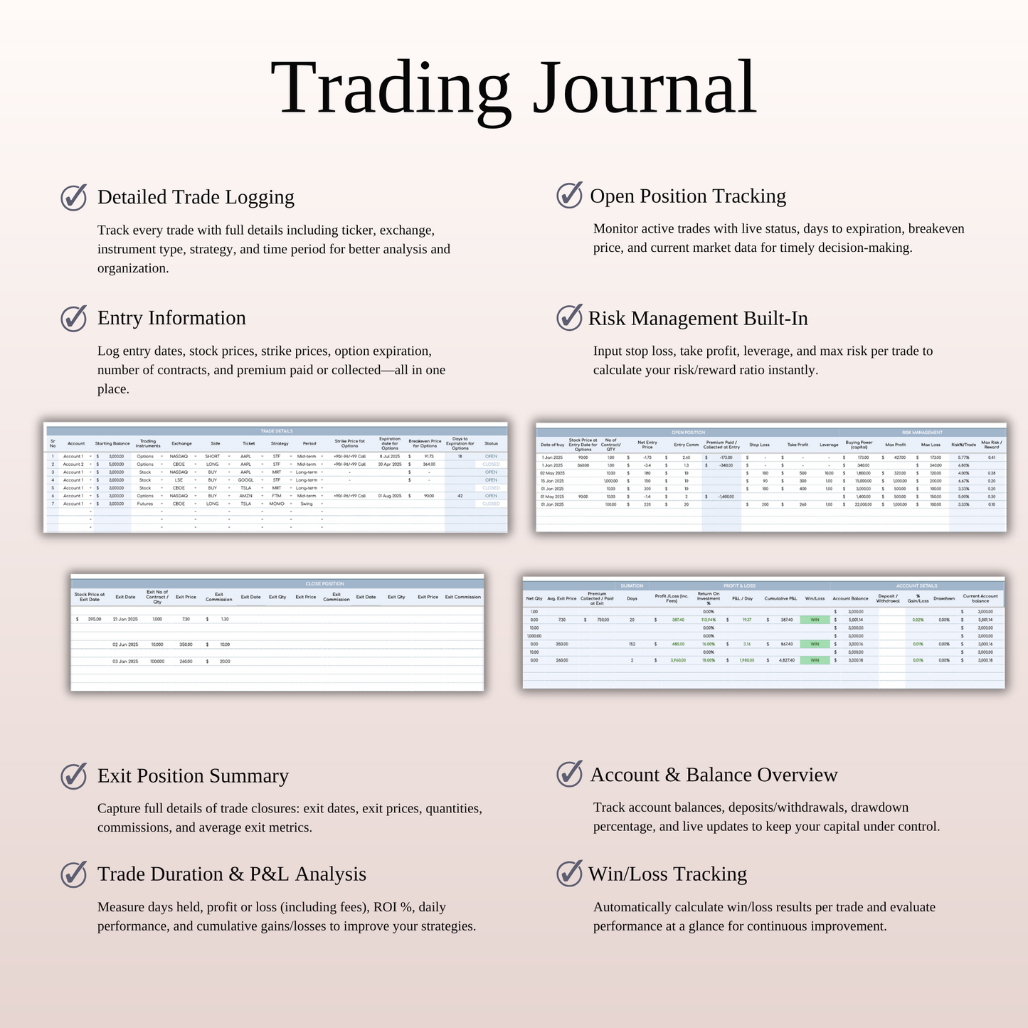 Options, Stock & Futures Trading Journal Template for Google Sheets & Excel Keyzai