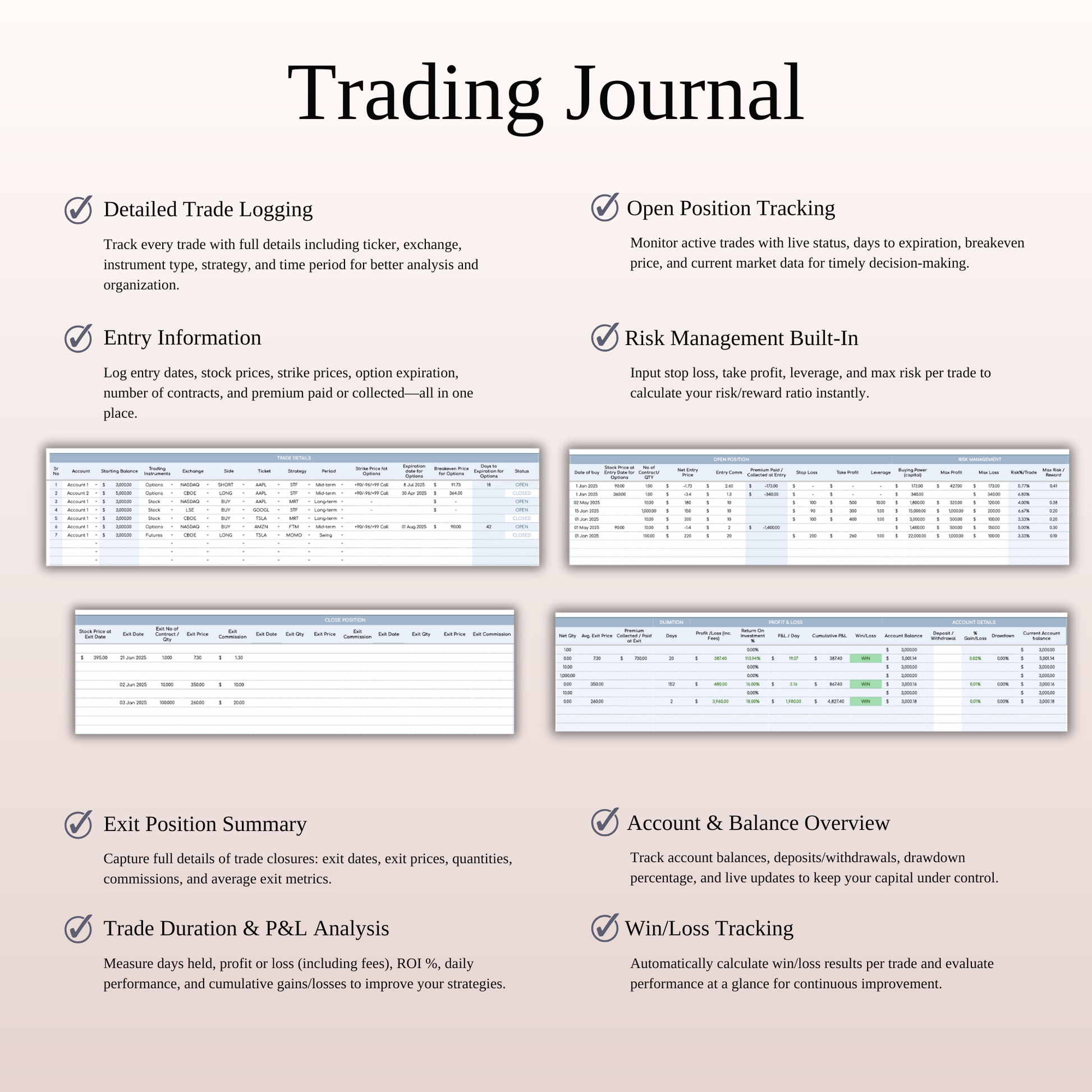Options, Stock & Futures Trading Journal Template for Google Sheets & Excel Keyzai