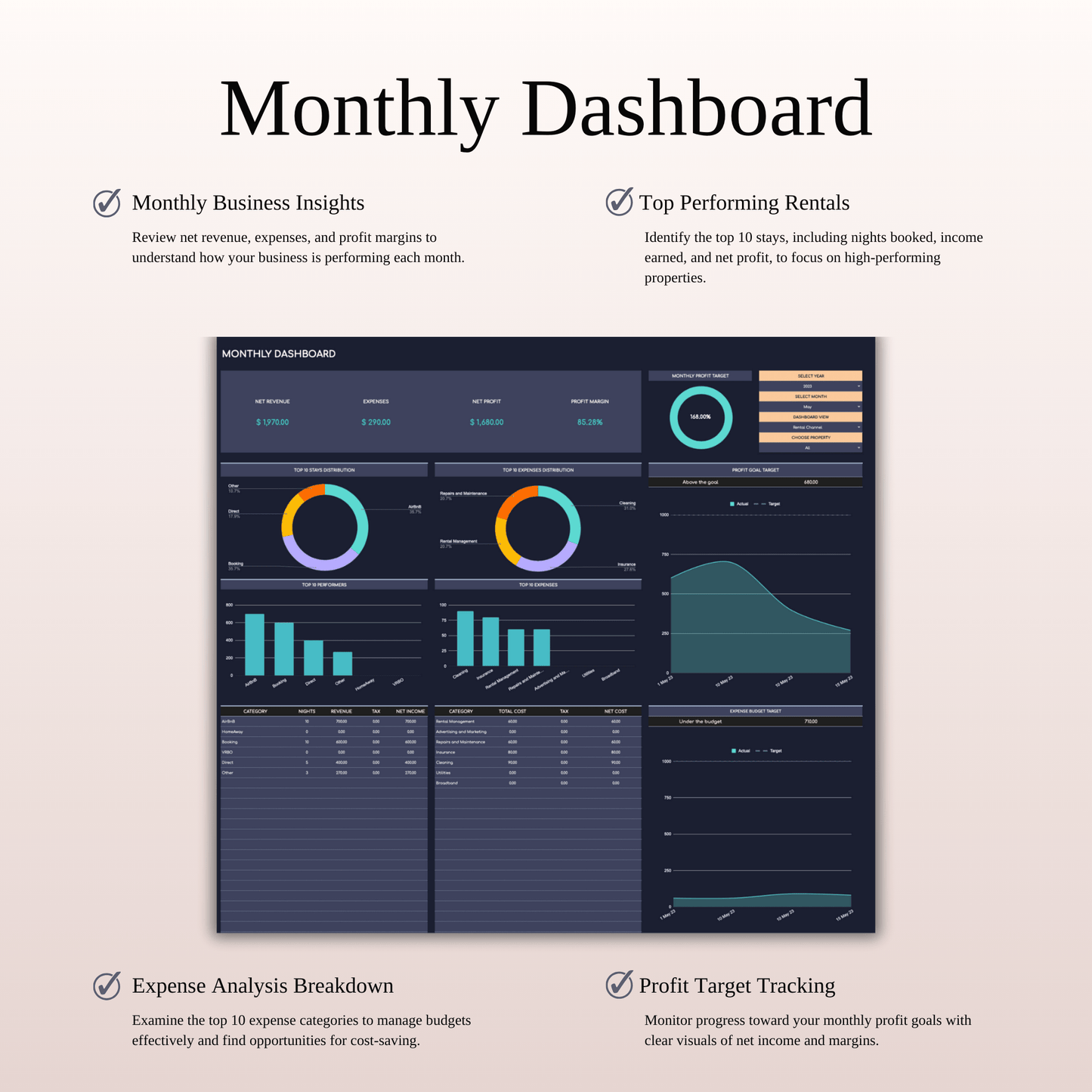 Rental Property Accounting & Bookkeeping Spreadsheet (Dark Theme) Keyzai