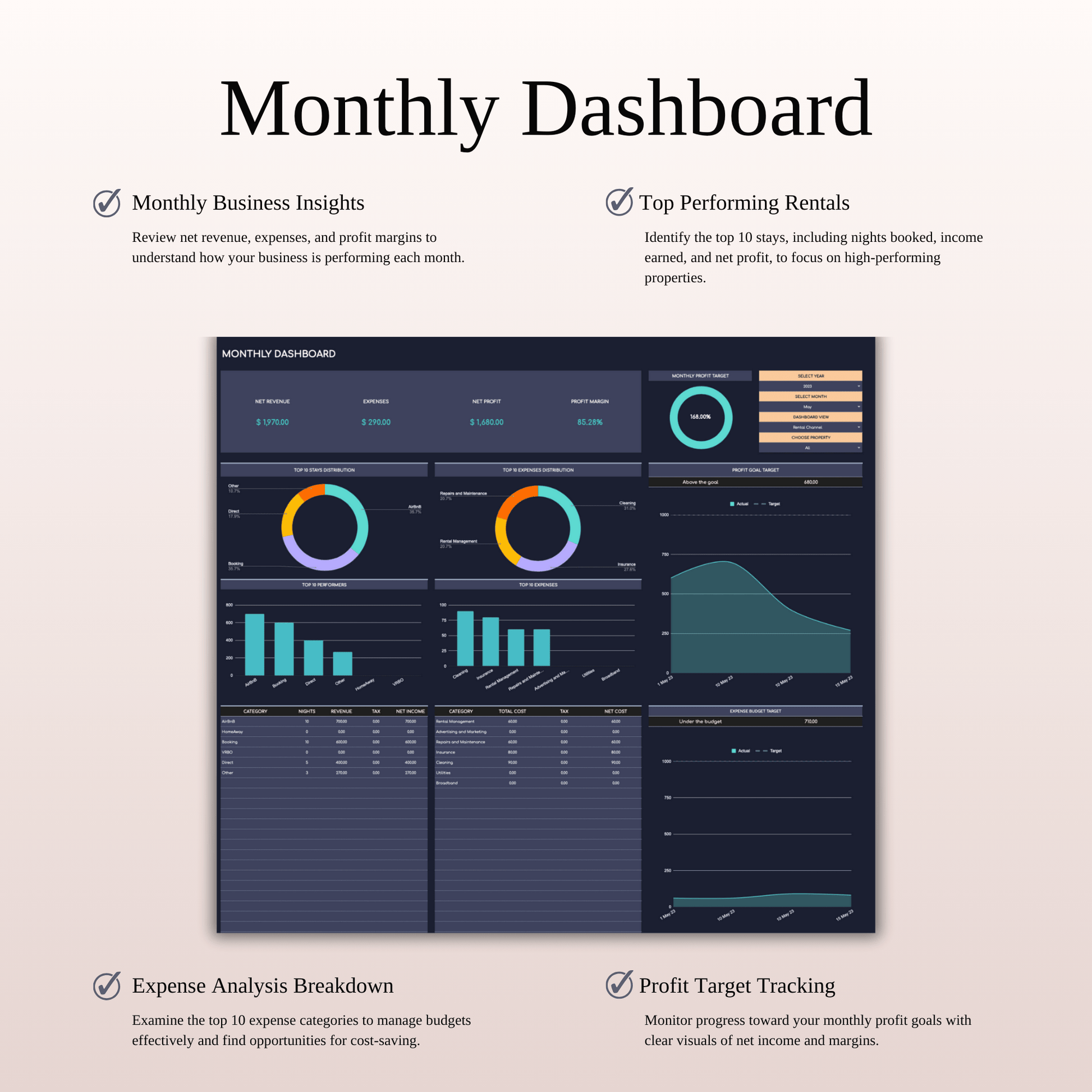 Rental Property Accounting & Bookkeeping Spreadsheet (Dark Theme) Keyzai