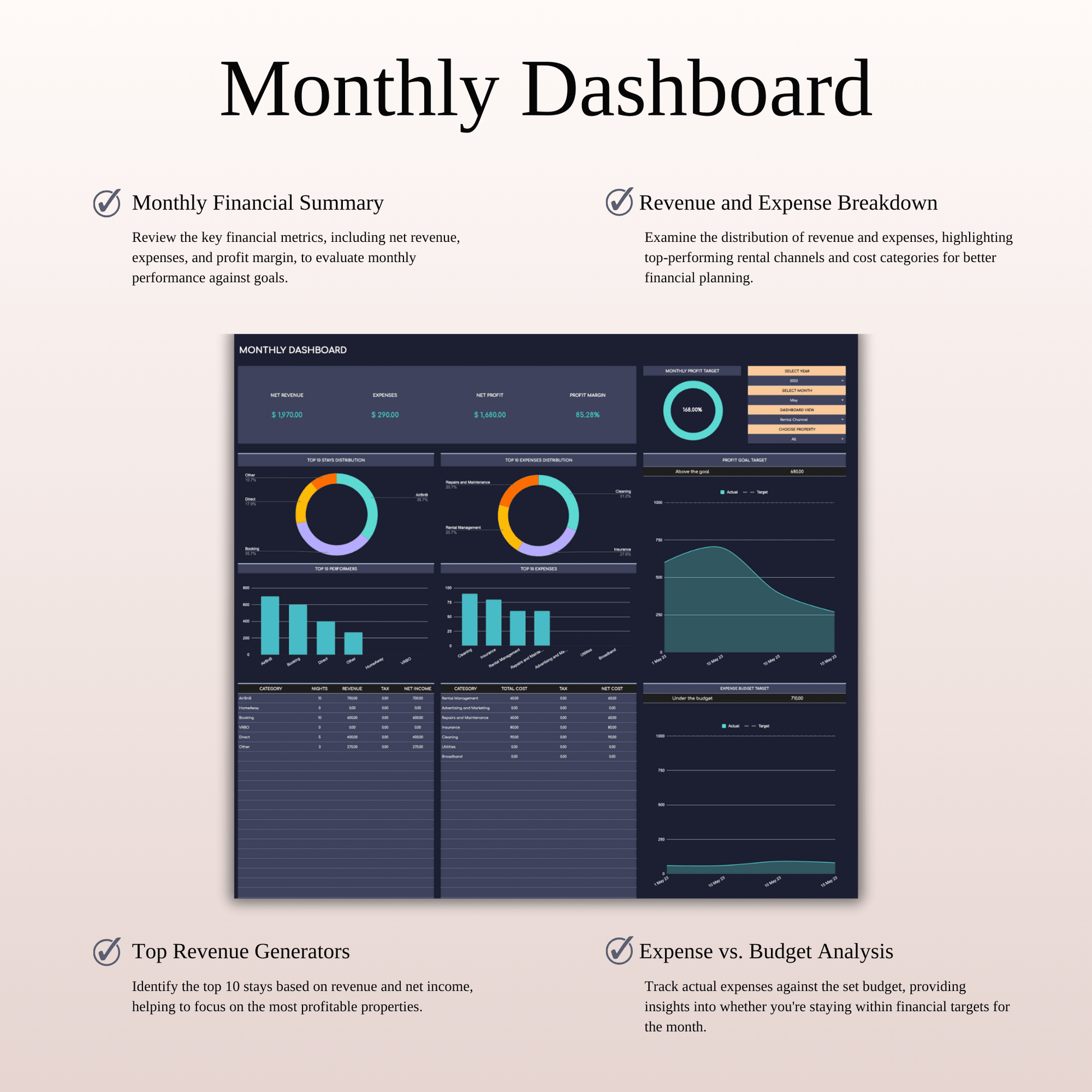Ultimate Tool for Host Airbnb | Income & Expense Tracker Template (Dark Theme) Keyzai