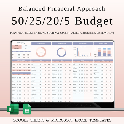 50/25/20/5 Budget Spreadsheet Template | Excel & Google Sheets Keyzai