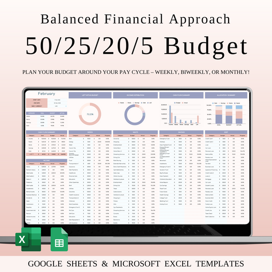 50/25/20/5 Budget Spreadsheet Template | Excel & Google Sheets Keyzai