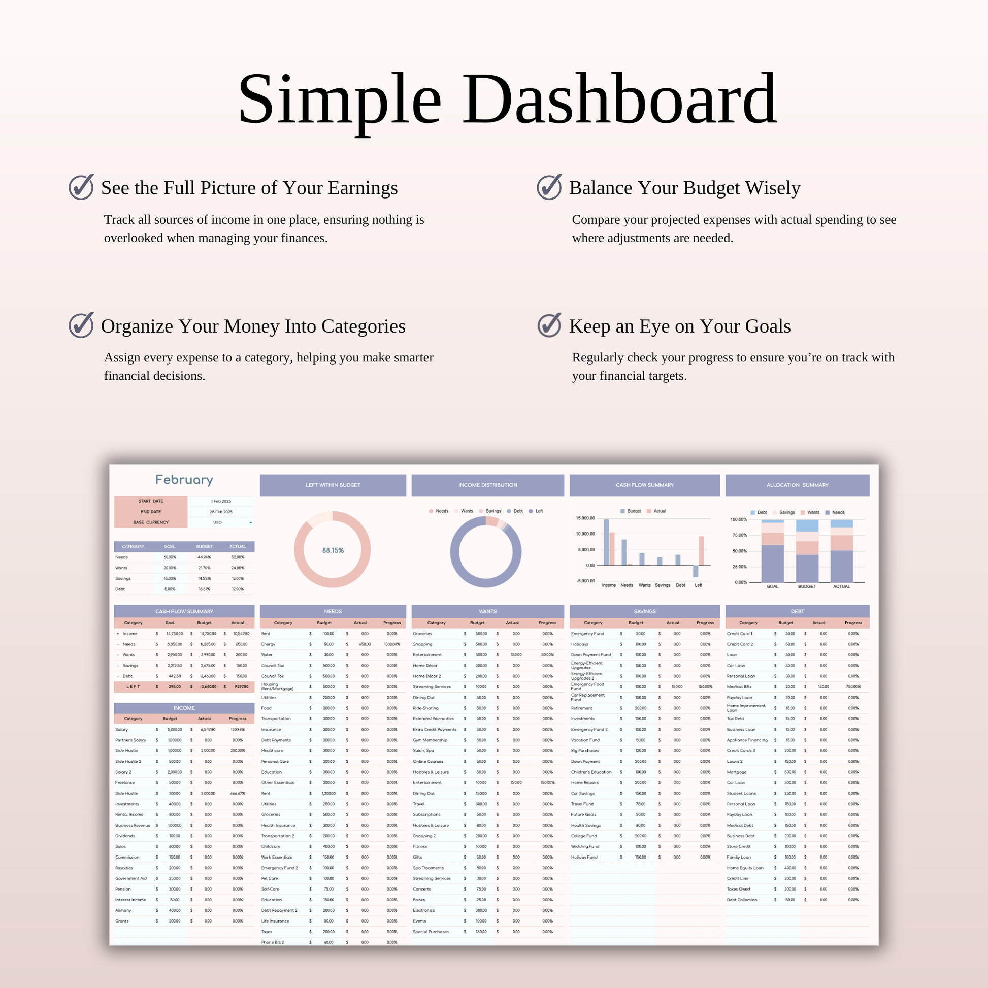 60/20/15/5 Budget Spreadsheet Template | Excel & Google Sheets Keyzai