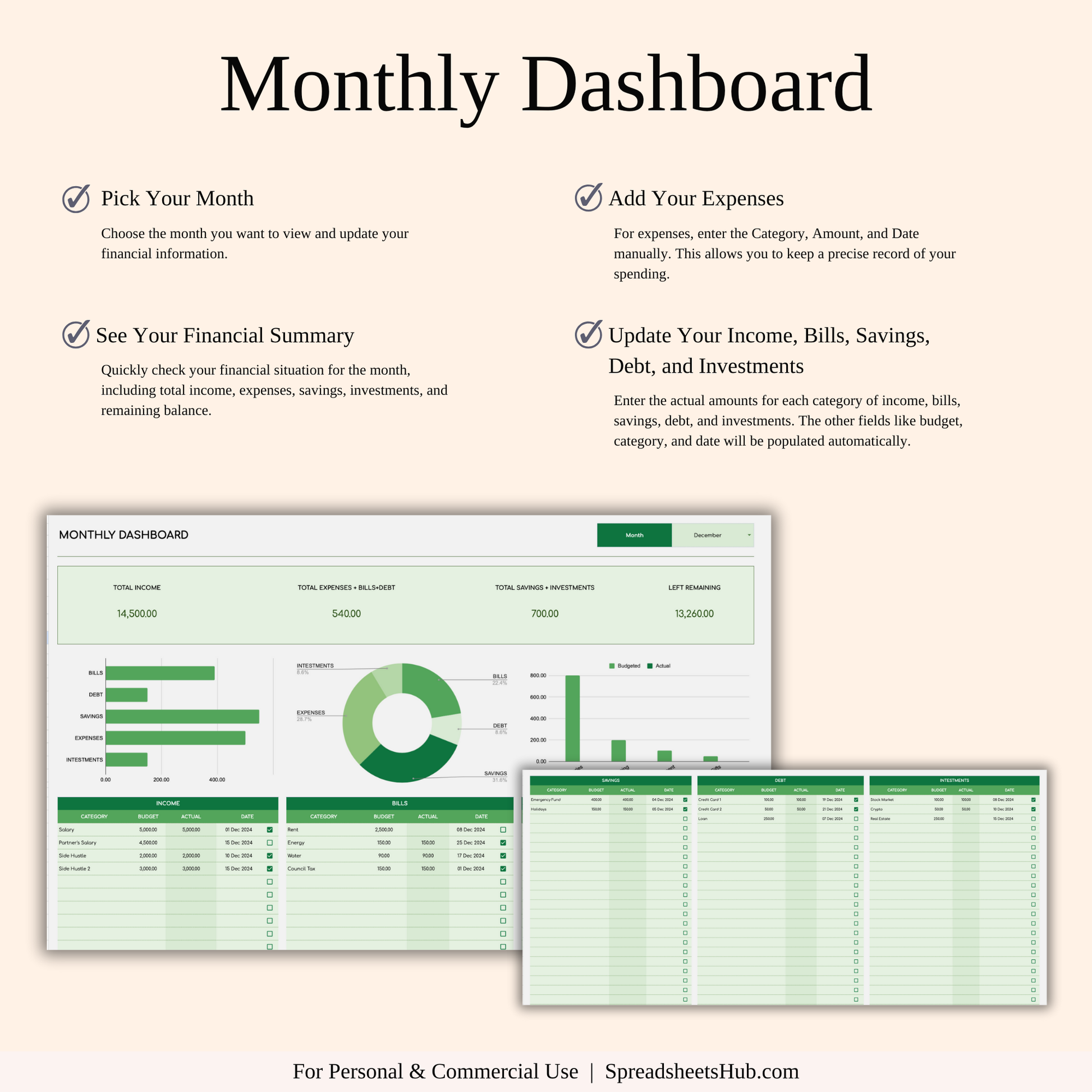 PLR - Monthly Bill Calendar Spreadsheet Template (Green Theme) Keyzai