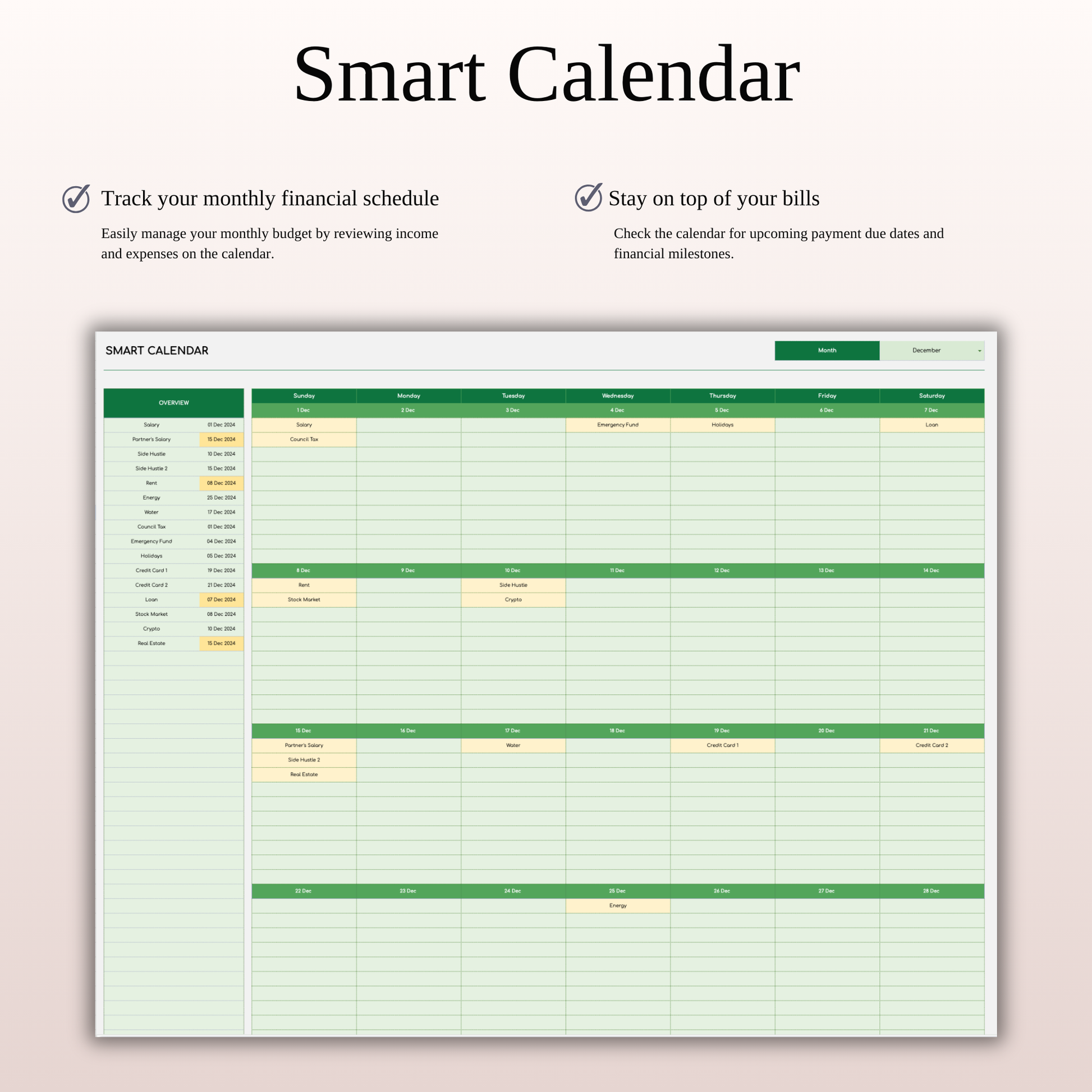 Monthly Bill Calendar Spreadsheet Template (Green Theme) Keyzai