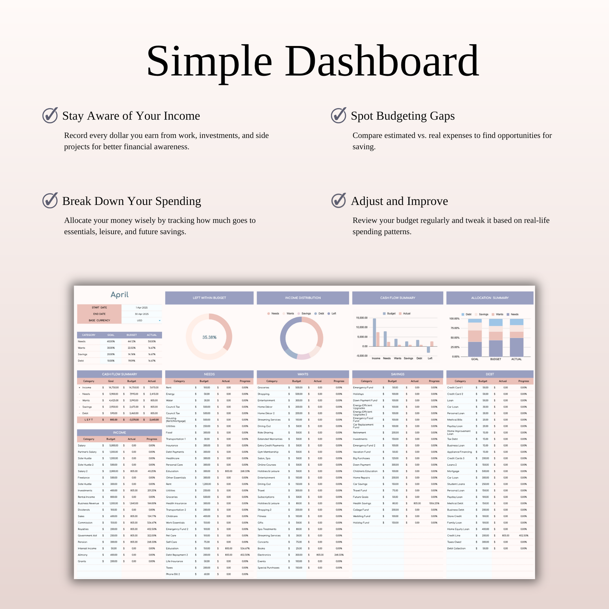 40/30/20/10 Budget Spreadsheet Template | Excel & Google Sheets Keyzai
