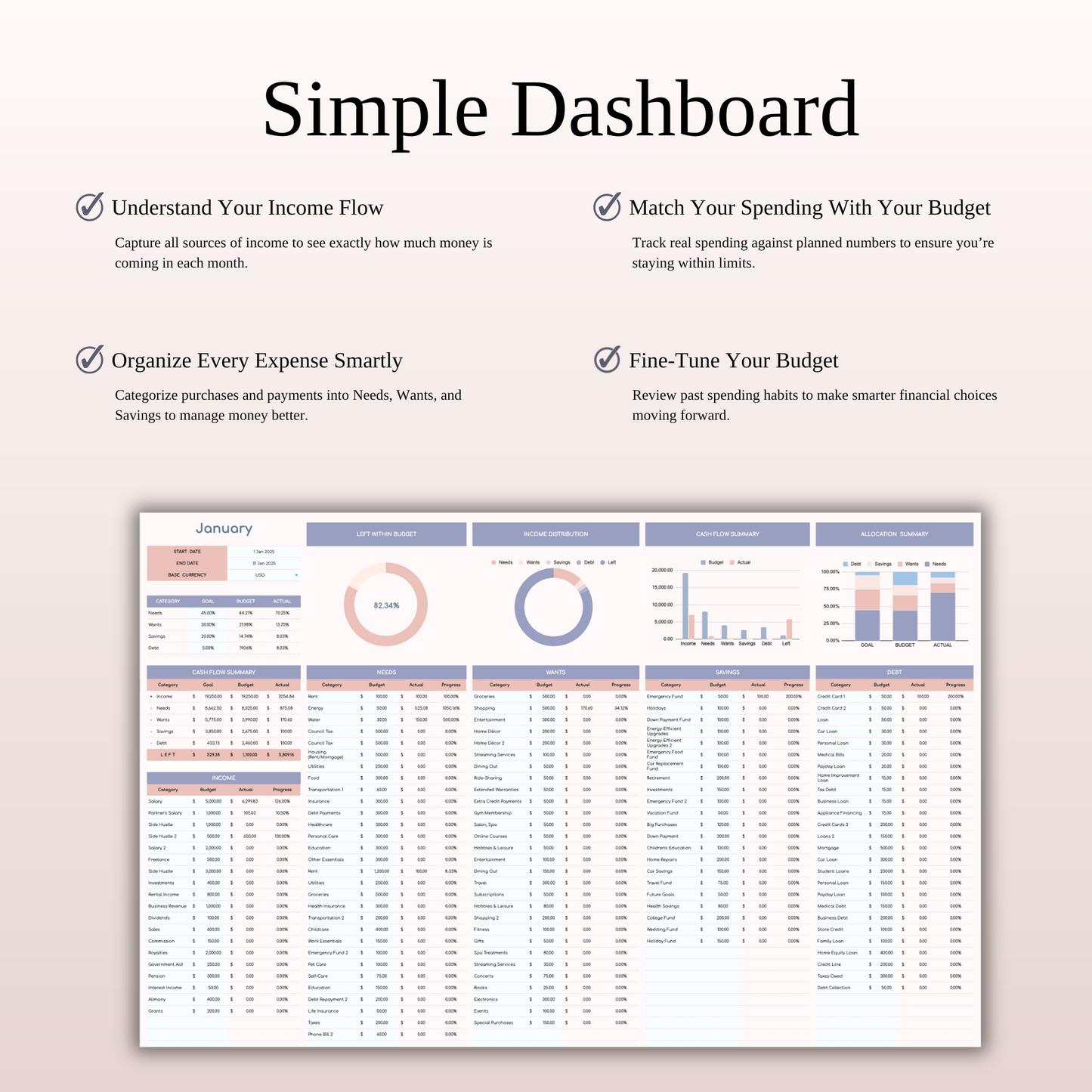 45/30/20/5 Budget Spreadsheet Template | Excel & Google Sheets Keyzai