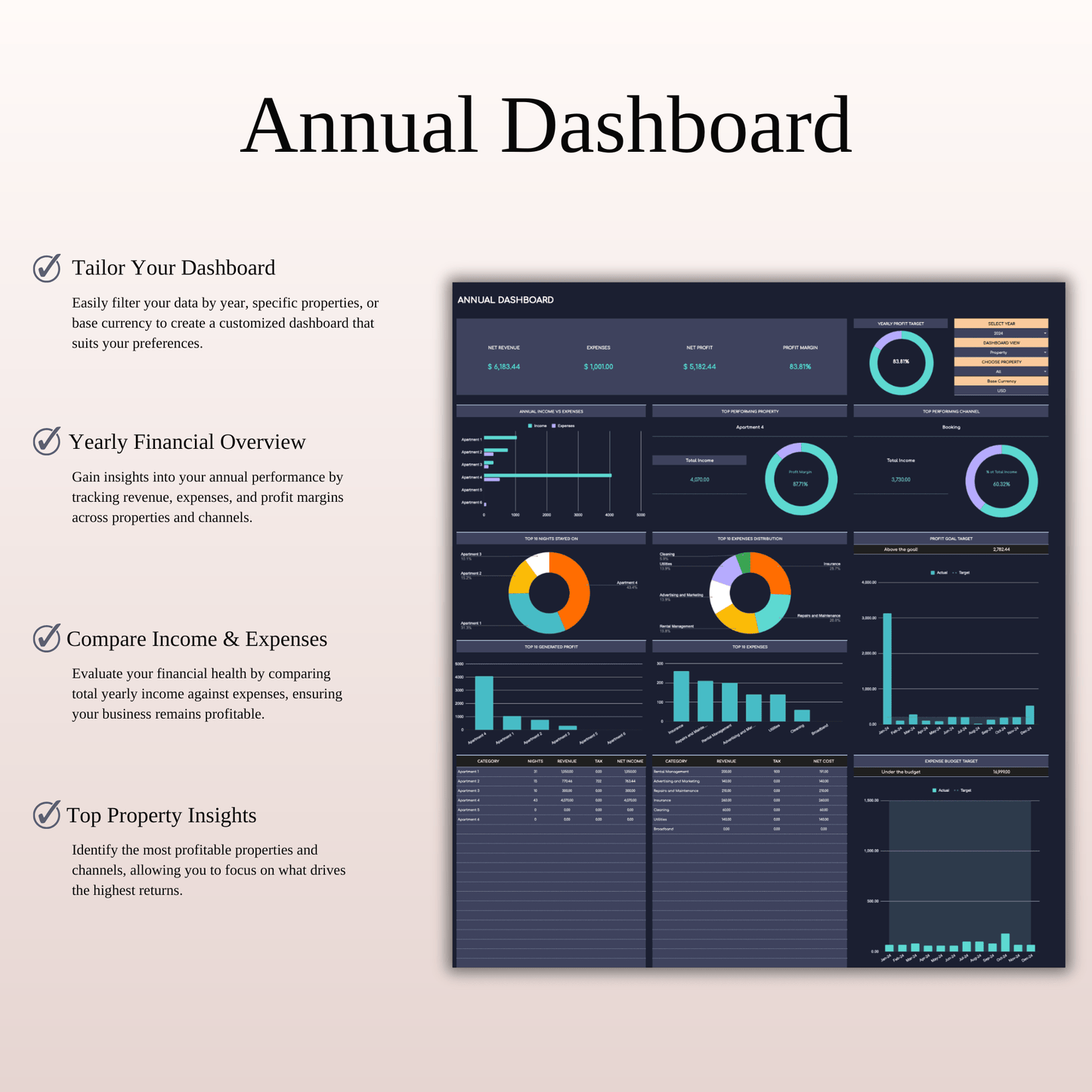 Rental Property Accounting & Bookkeeping Spreadsheet (Dark Theme) Keyzai
