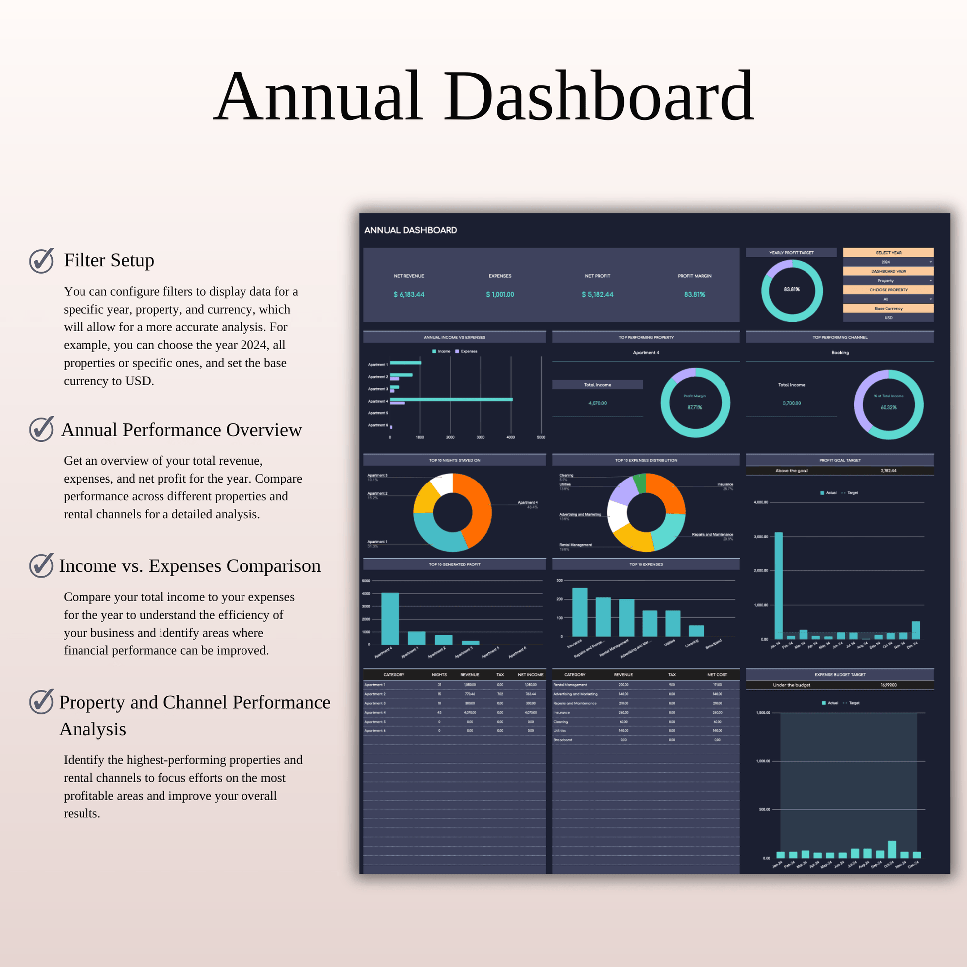 Ultimate Tool for Host Airbnb | Income & Expense Tracker Template (Dark Theme) Keyzai
