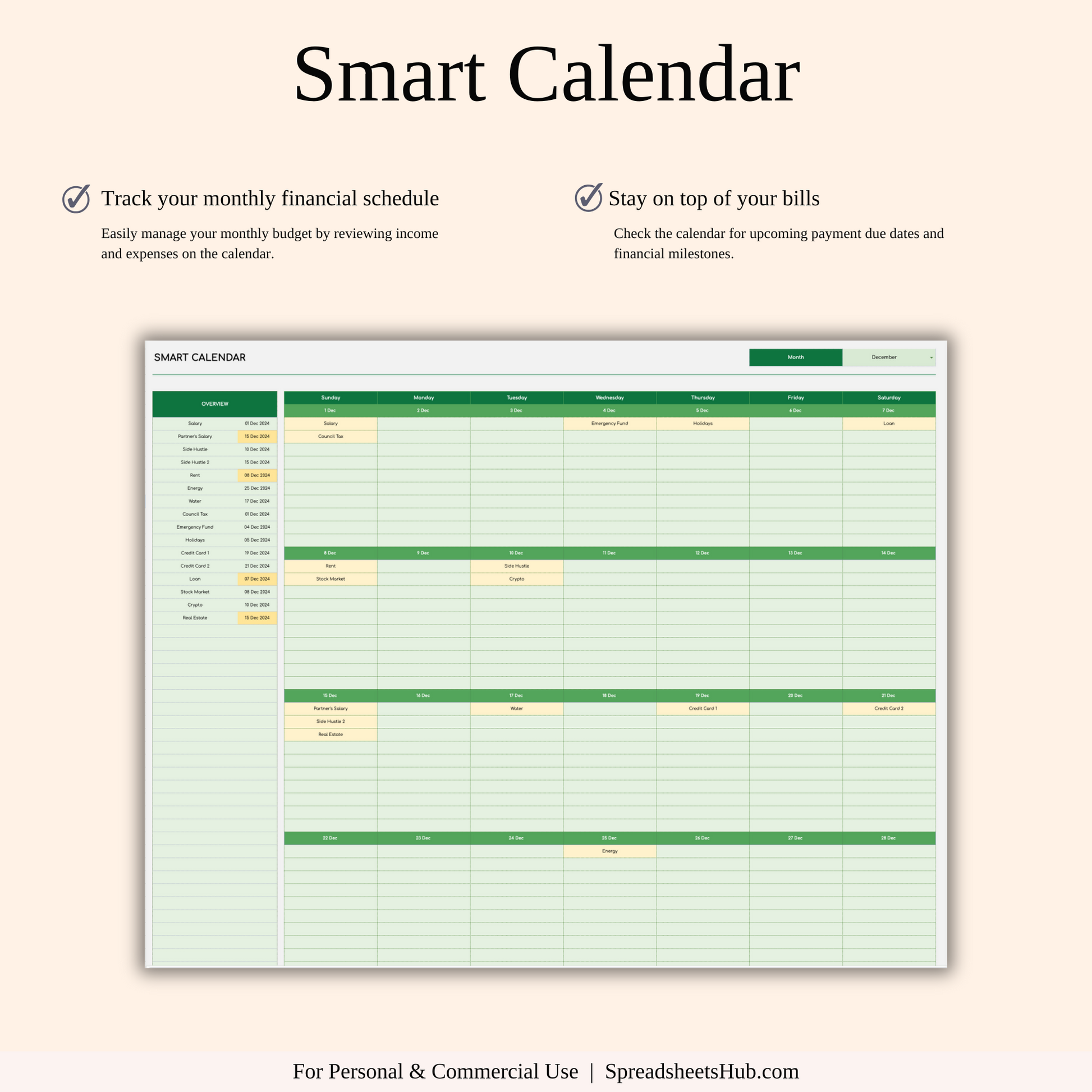 PLR - Monthly Bill Calendar Spreadsheet Template (Green Theme) Keyzai
