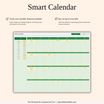PLR - Monthly Bill Calendar Spreadsheet Template (Green Theme) Keyzai