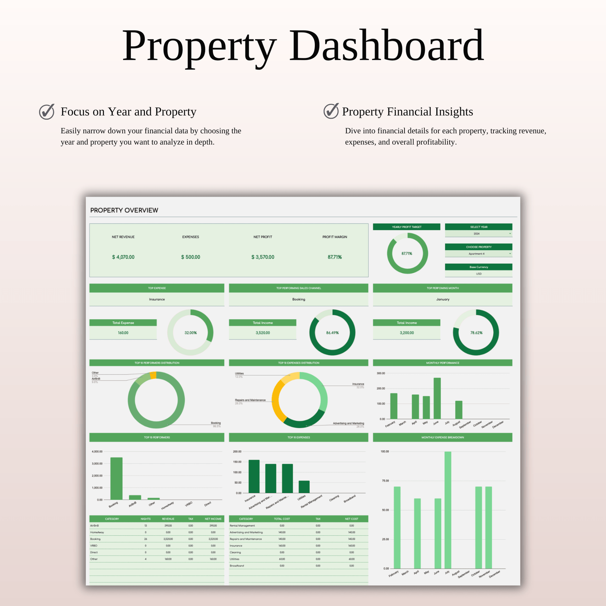 Rental Property Bookkeeping Tracker | Excel & Google Sheets Template (Green Theme) Keyzai